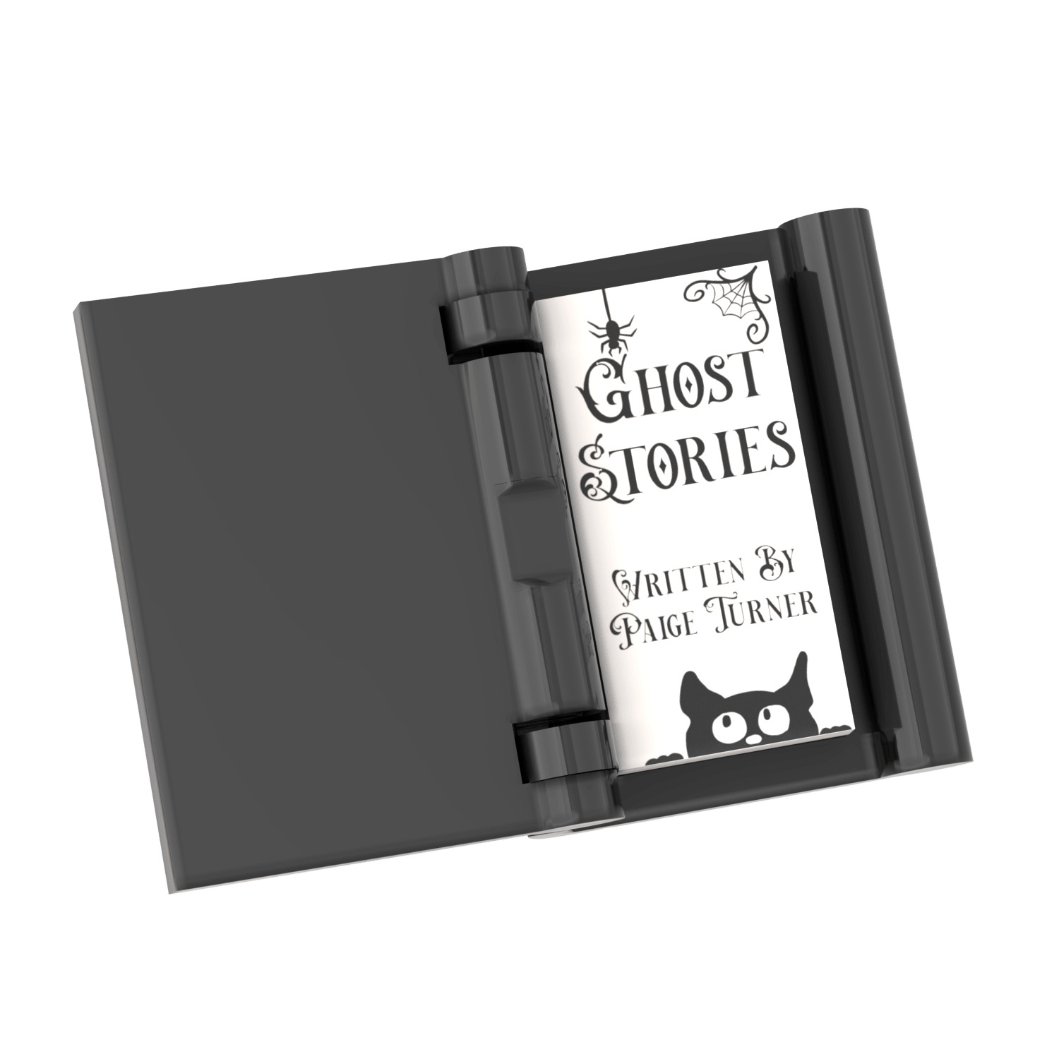 Open minifigure scale black book showing the first page of the book written by page turned with a sneaky cat drawing at the boom on a white background