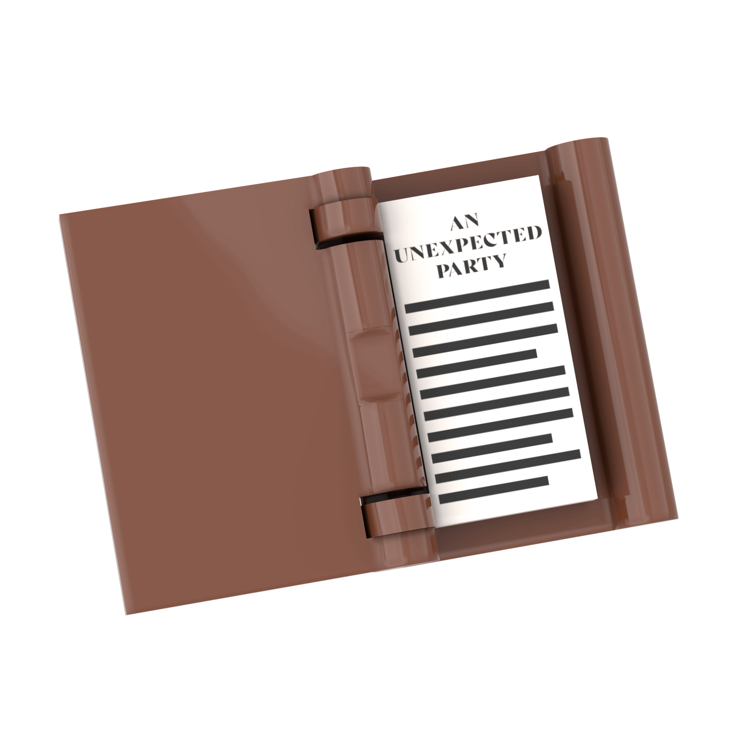 Brown book with a white page titled 'An Unexpected Party' on a transparent background