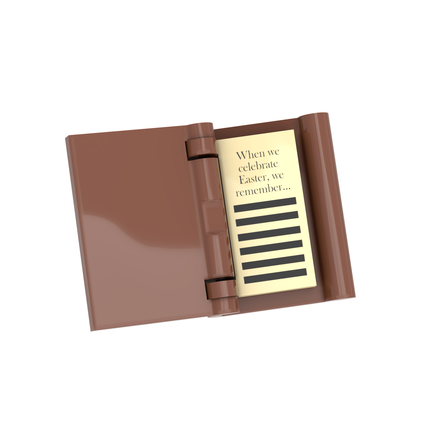 OPn view of the first tan colored page of The Easter Book and depiction of Jesus custom printed on a brown LEGO book on a white background