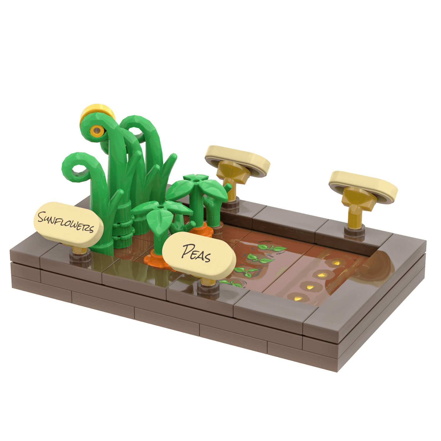 LEGO garden set with sunflowers, peas, and corn on a clear background