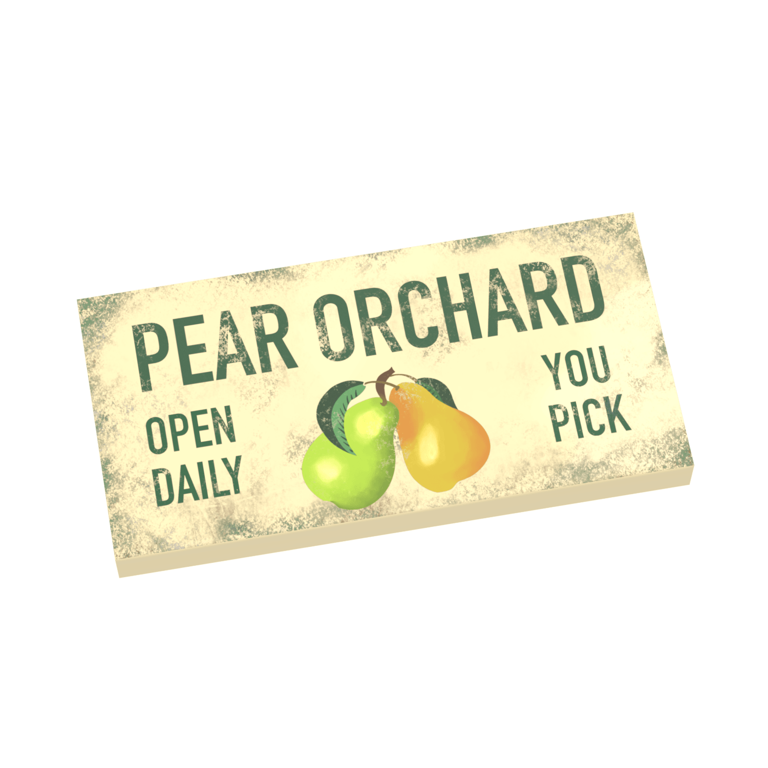 Pear Orchard Sign with "Pear Orchard" "open Daily & "you Pick in green text with 2 pears printed on a Tan colored LEGO tile on a white background.