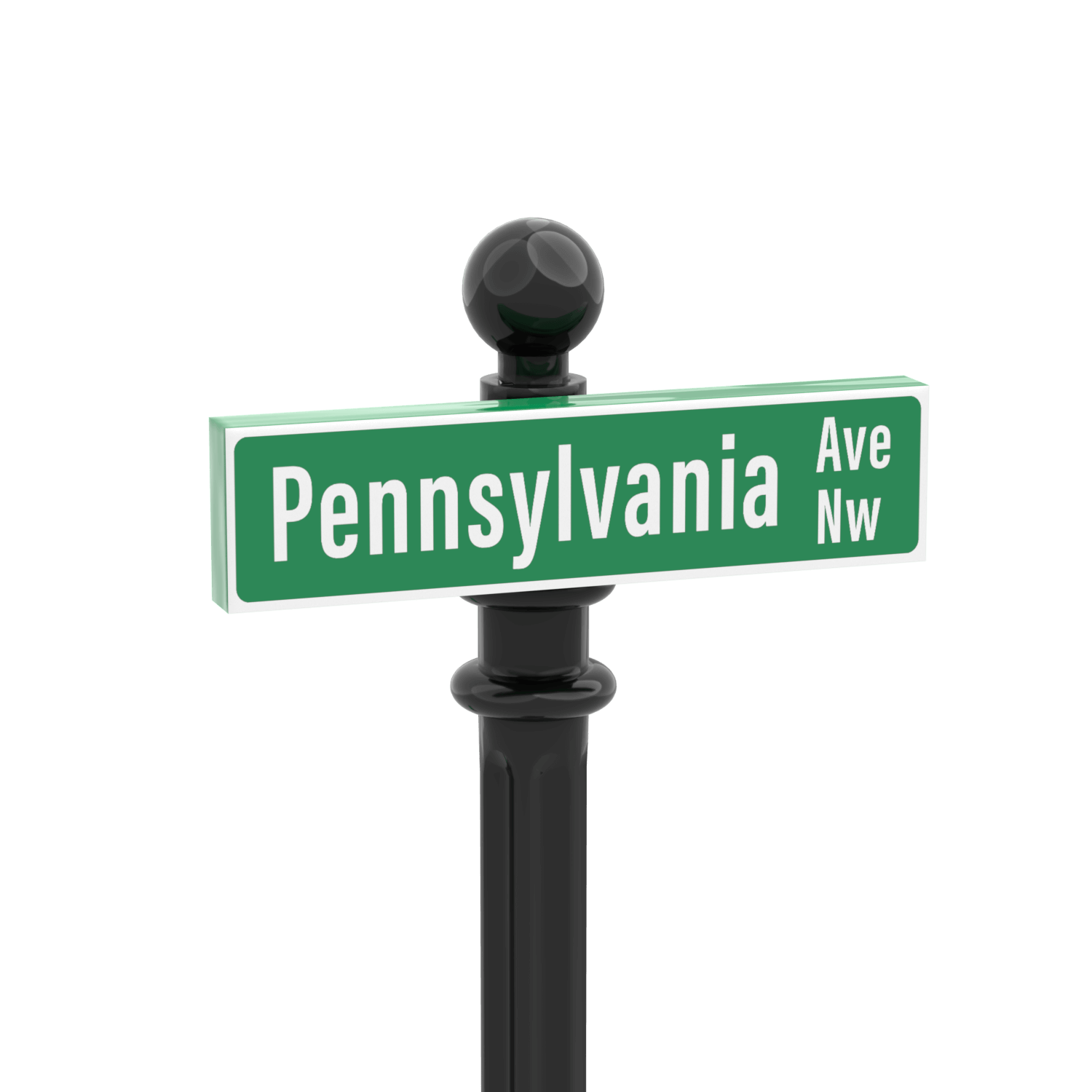 Green LEGO street sign with "Pennsylvania Avenue" printed on it with a black post on a white background.