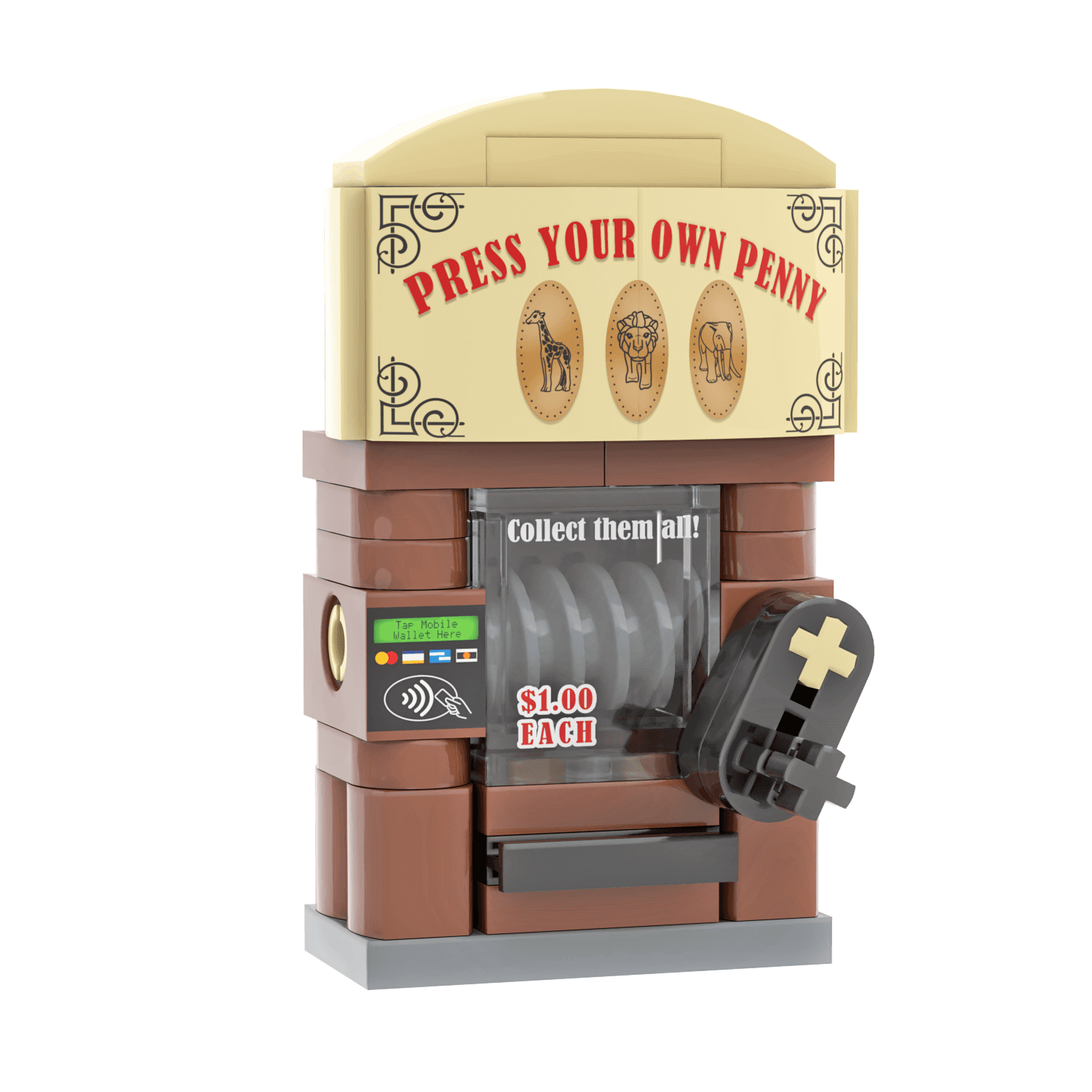 Toy penny press machine with 'Press Your Own Penny' sign on the main sign