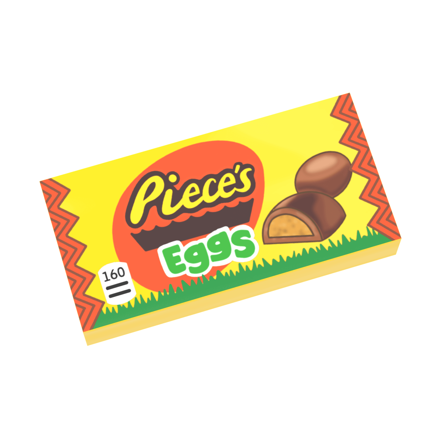 Custom printed 1x2 LEGO tile with an image of a chocolate peanut butter egg, branded with 'Pieces' logo.