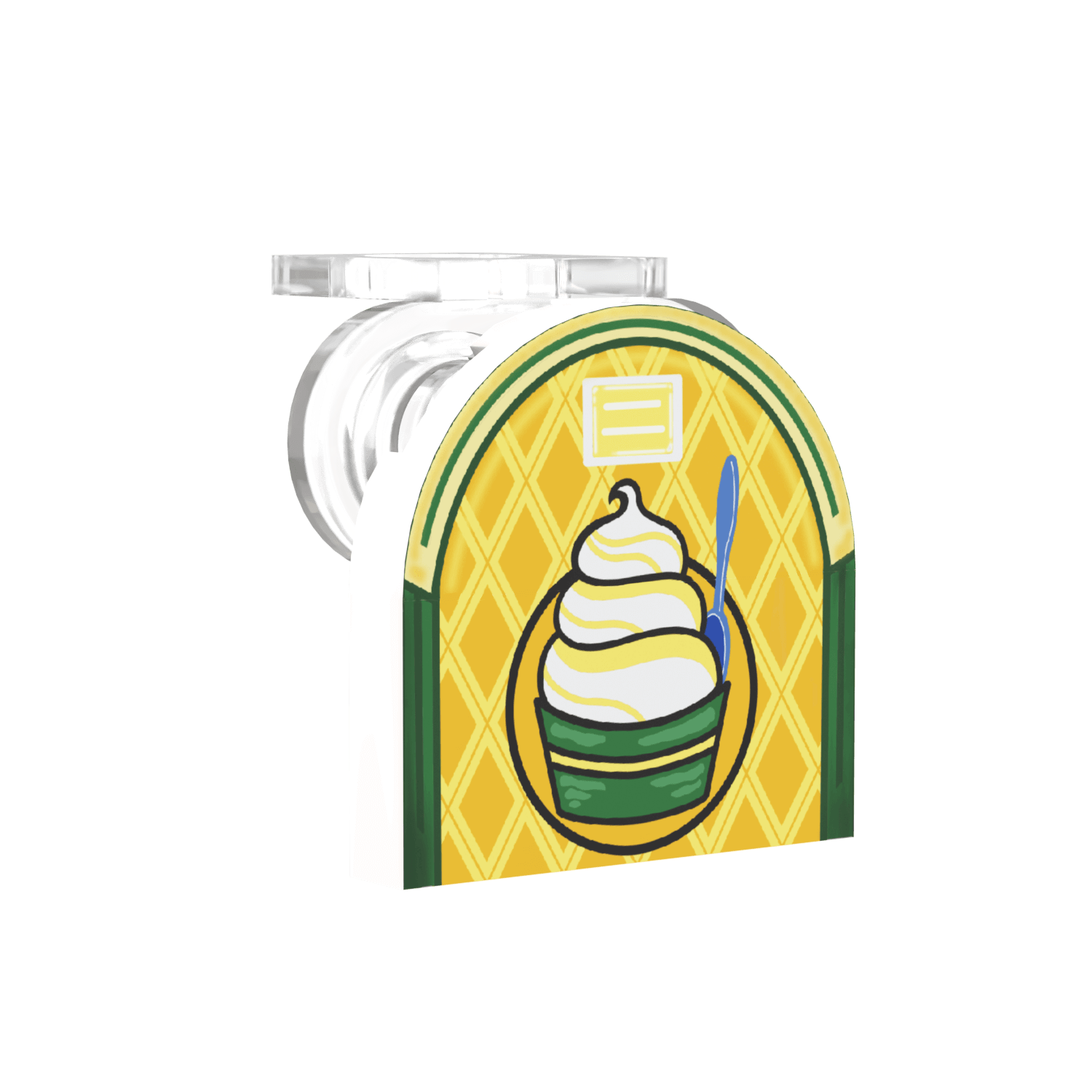 Backpack of ice cream cone with a blue spoon on a yellow background, featuring a brand logo.