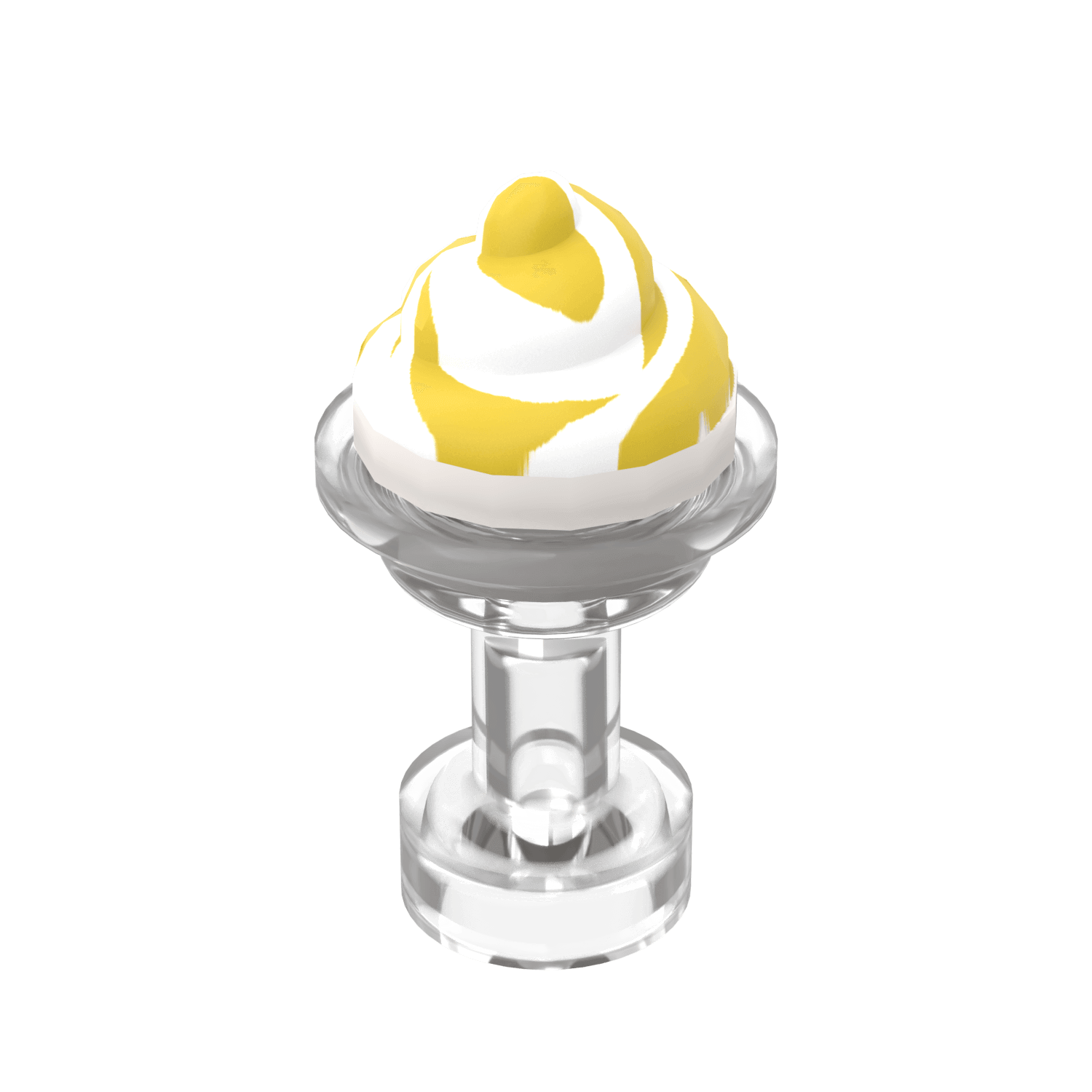 Ice cream cone with yellow and white swirls on a clear stand against a black background