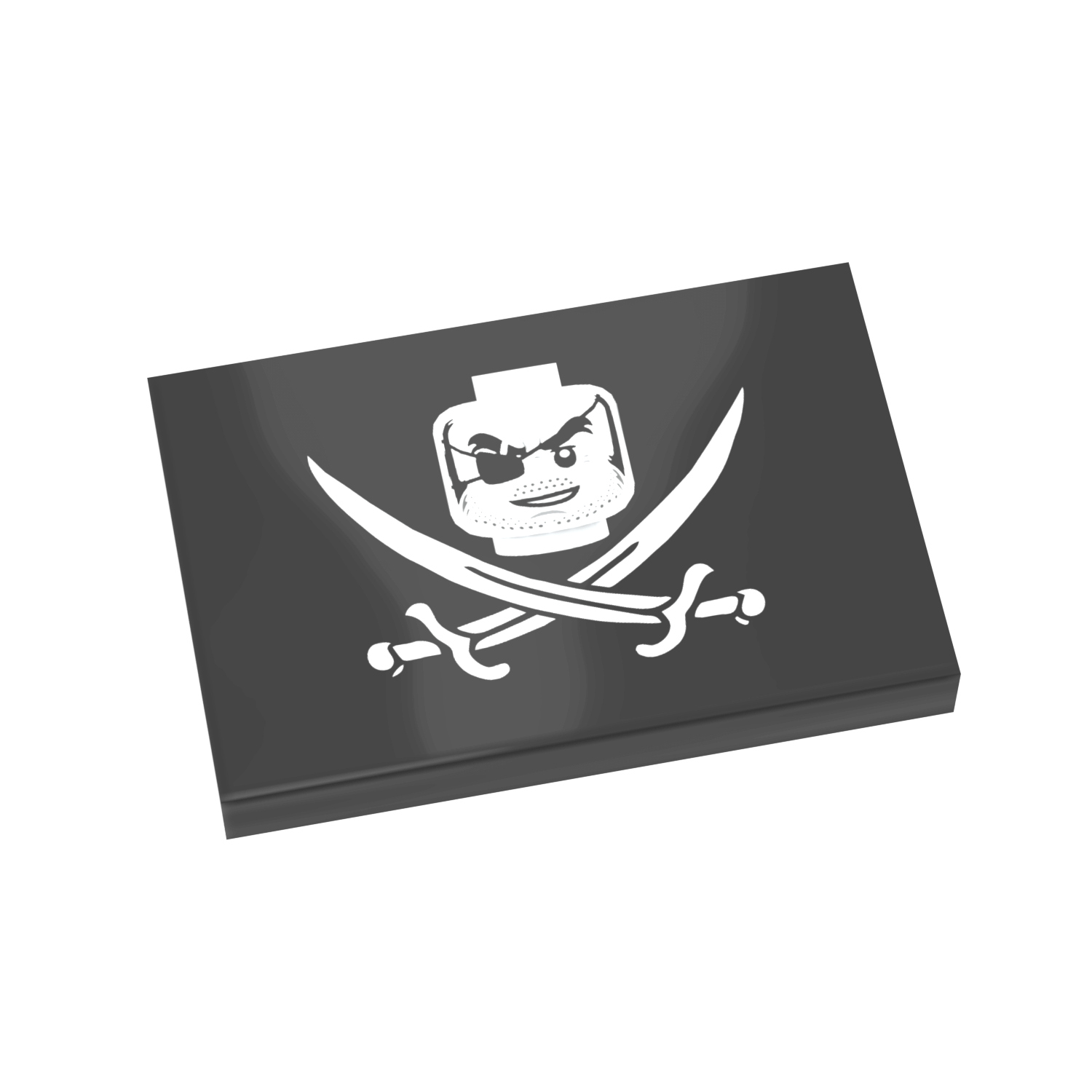A custom printed black LEGO tile with a white pirate flag design, featuring a pirate face and crossed swords.