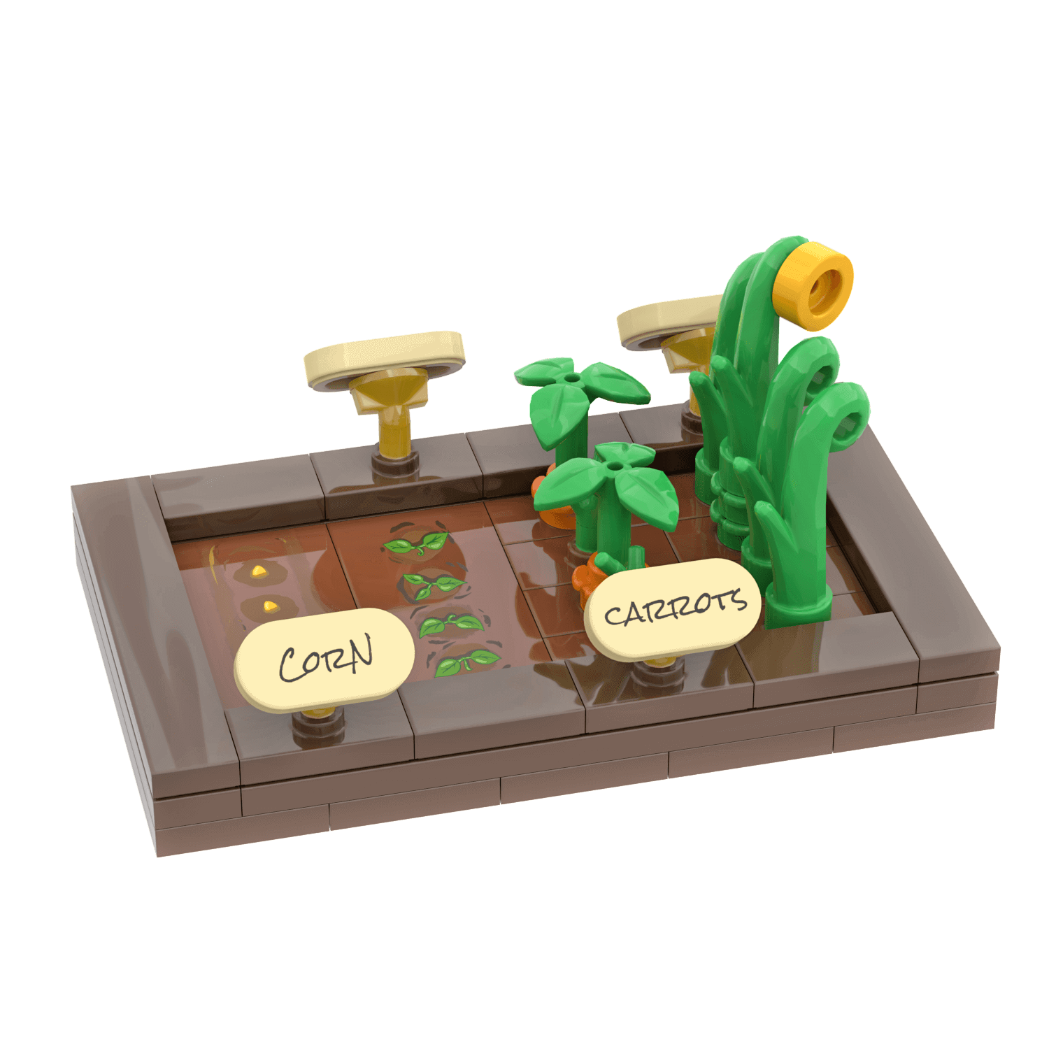 LEGO garden set with plants and labels on a clear background