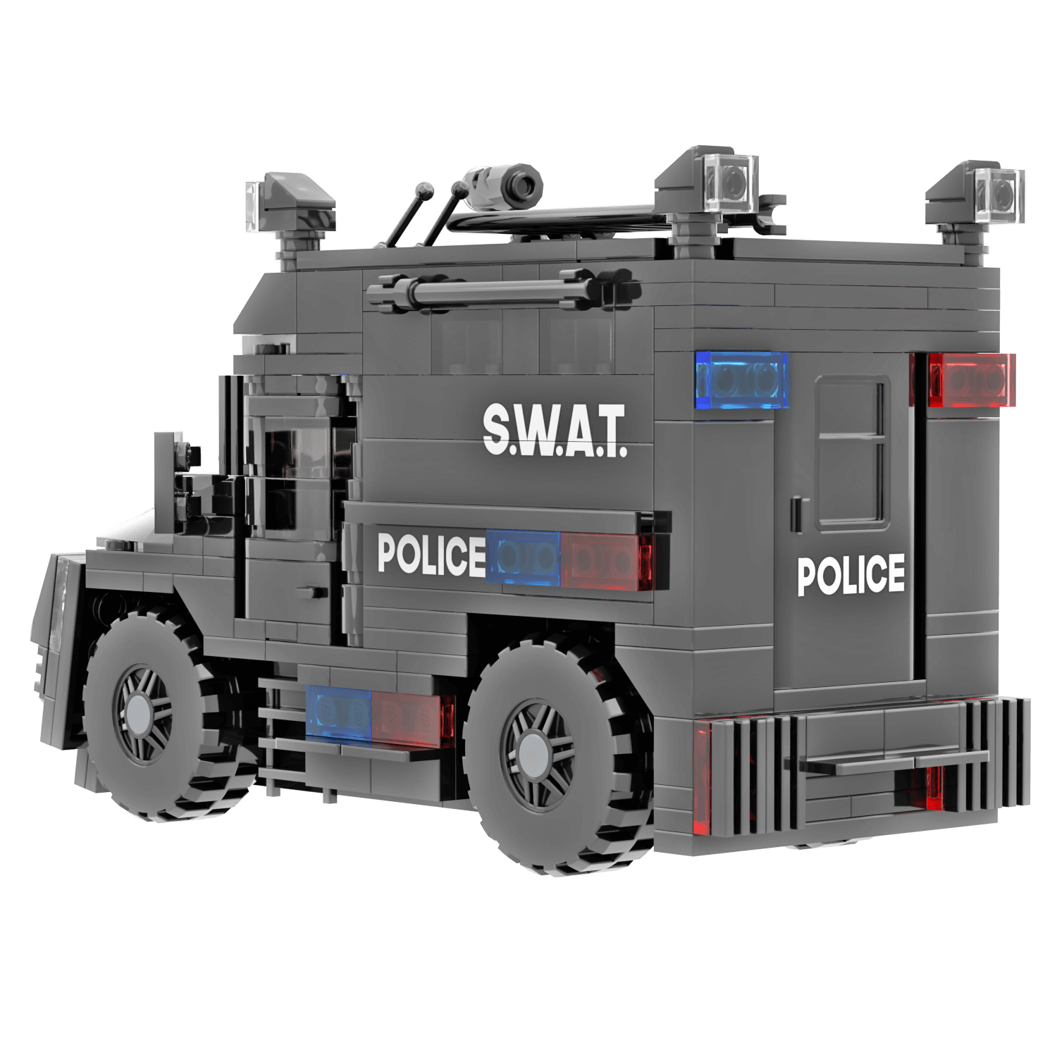 Rear view of a S.W.A.T. vehicle made of interlocking lego bricks on a white background