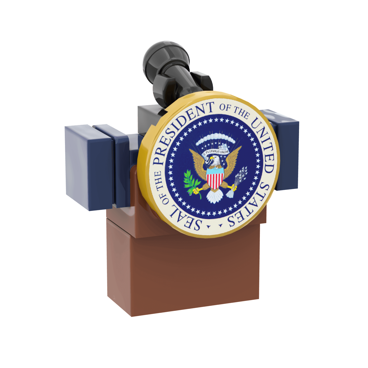 Lego Model of a podium with the Seal of the President of the United States on a black background