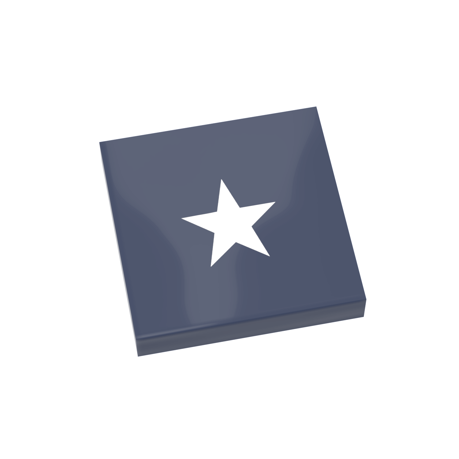 A dark blue 2x2 Lego tile with a custom white star print on it.