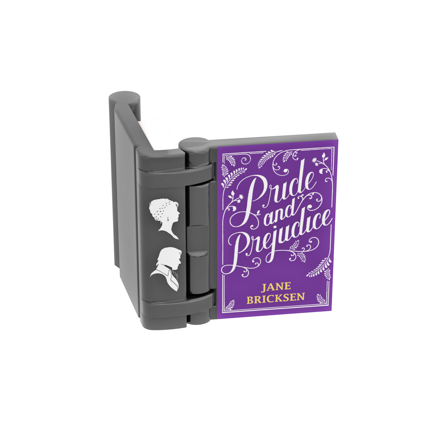 A minifig-scale LEGO book 'Pride and Prejudice' by Jane Bricksen on a purple cover, with white silhouette illustrations of of a woman and man on the side.
