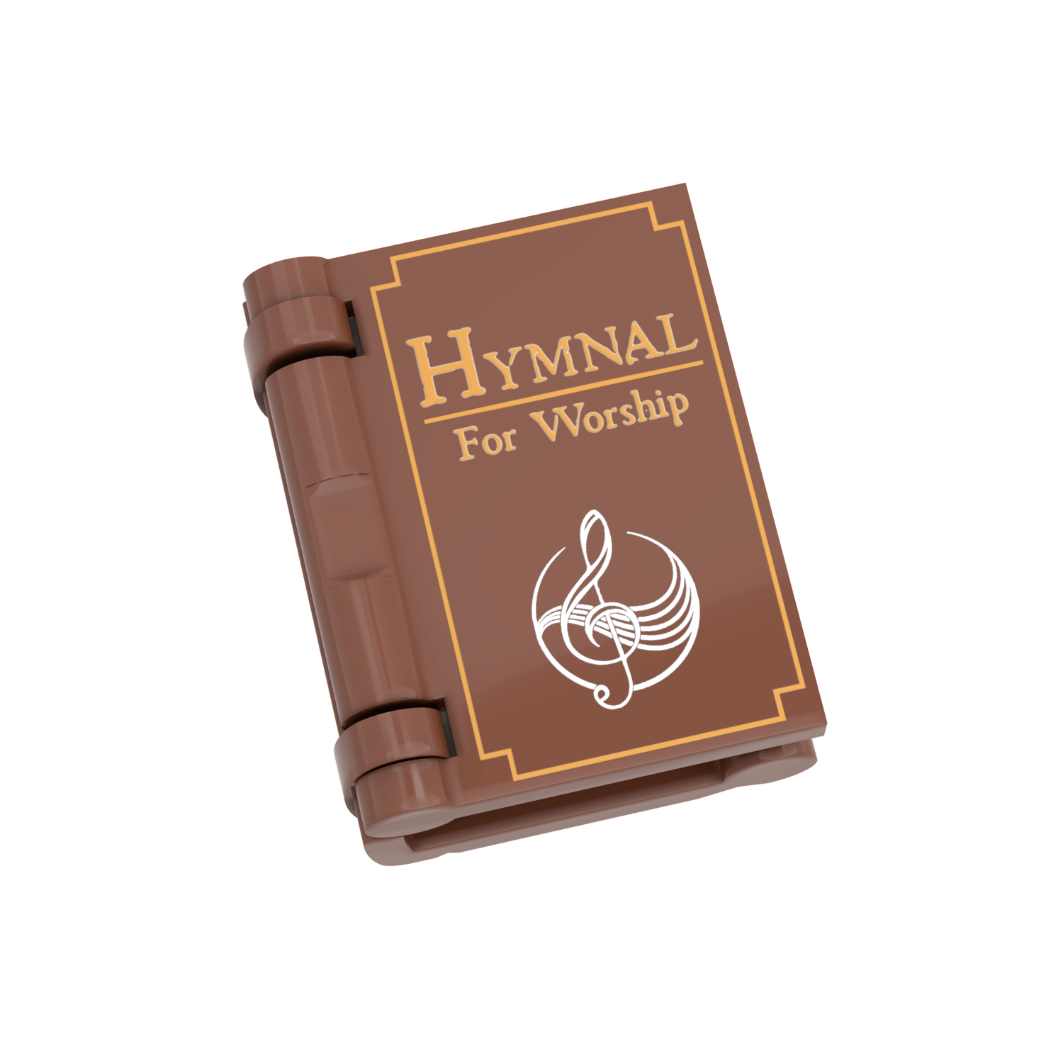 LEGO reddish brown Hymnal Book with gold frame and white music symbol, on a white background