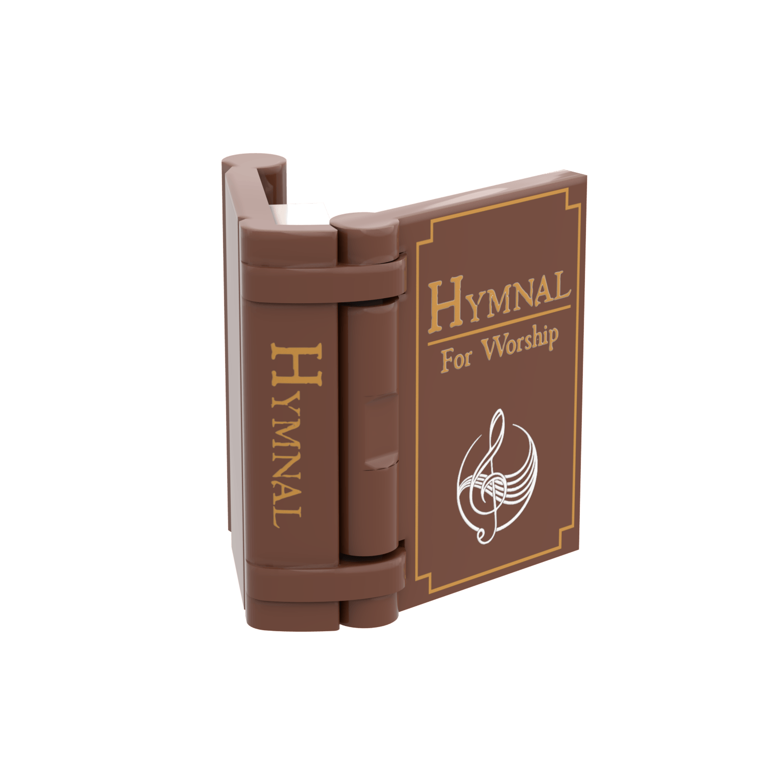 Open LEGO reddish brown Hymnal Book with gold frame and white music symbol, and Hymnbal printed on the spine on a white background