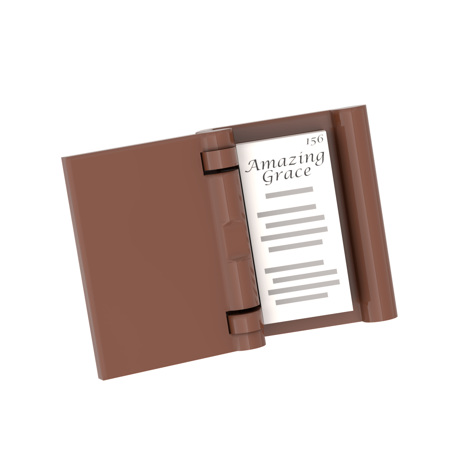 Open LEGO reddish brown Hymnal Book showing a page entitled "Amazing Grace", with grey lines on a white background