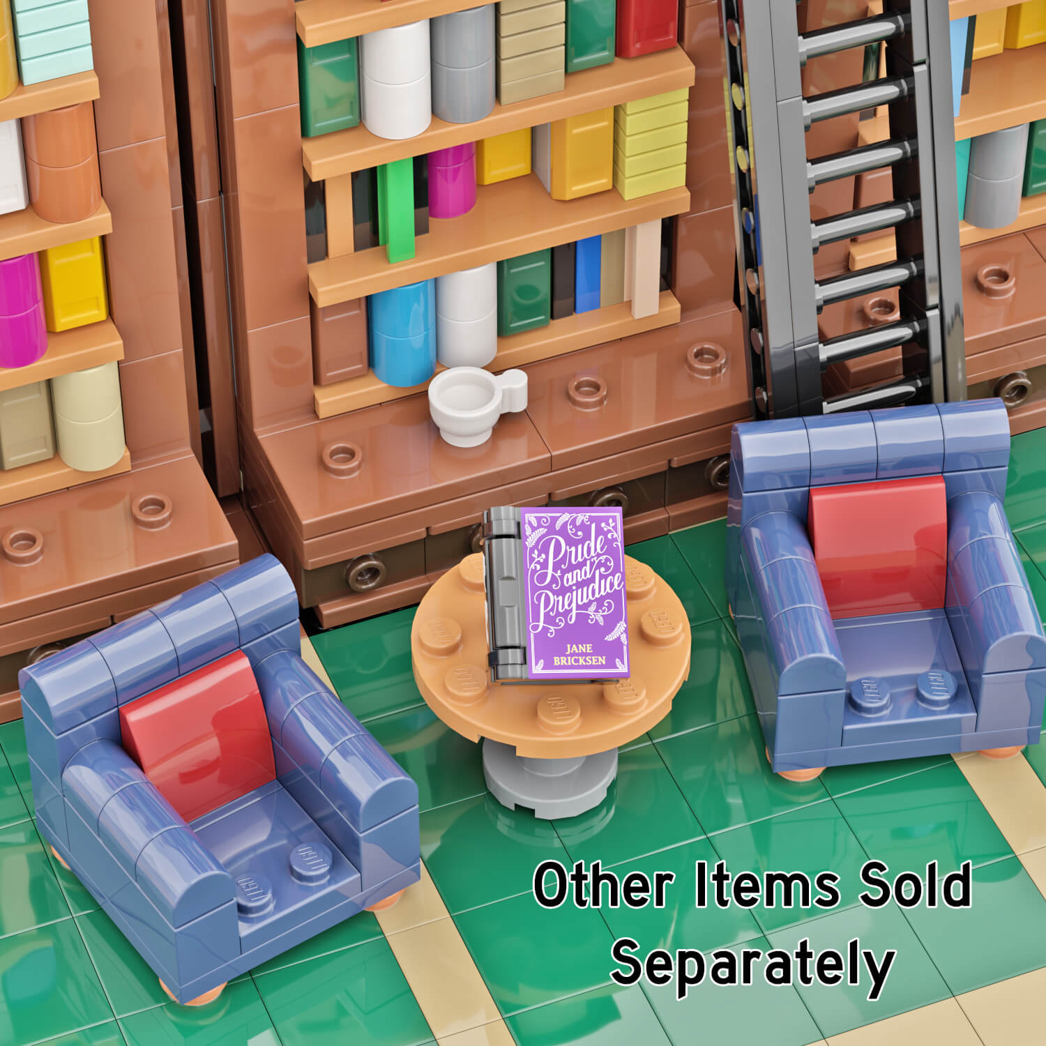 Printed Black Pride and Prejudice LEGO book sitting on a coffee table between 2 blue chairs, with a bookshelves and library type scene with green floors.