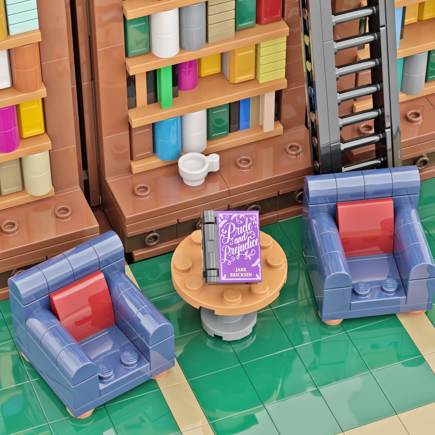 Printed Black Pride and Prejudice LEGO book sitting on a coffee table between 2 blue chairs, with a bookshelves and library type scene with green floors.