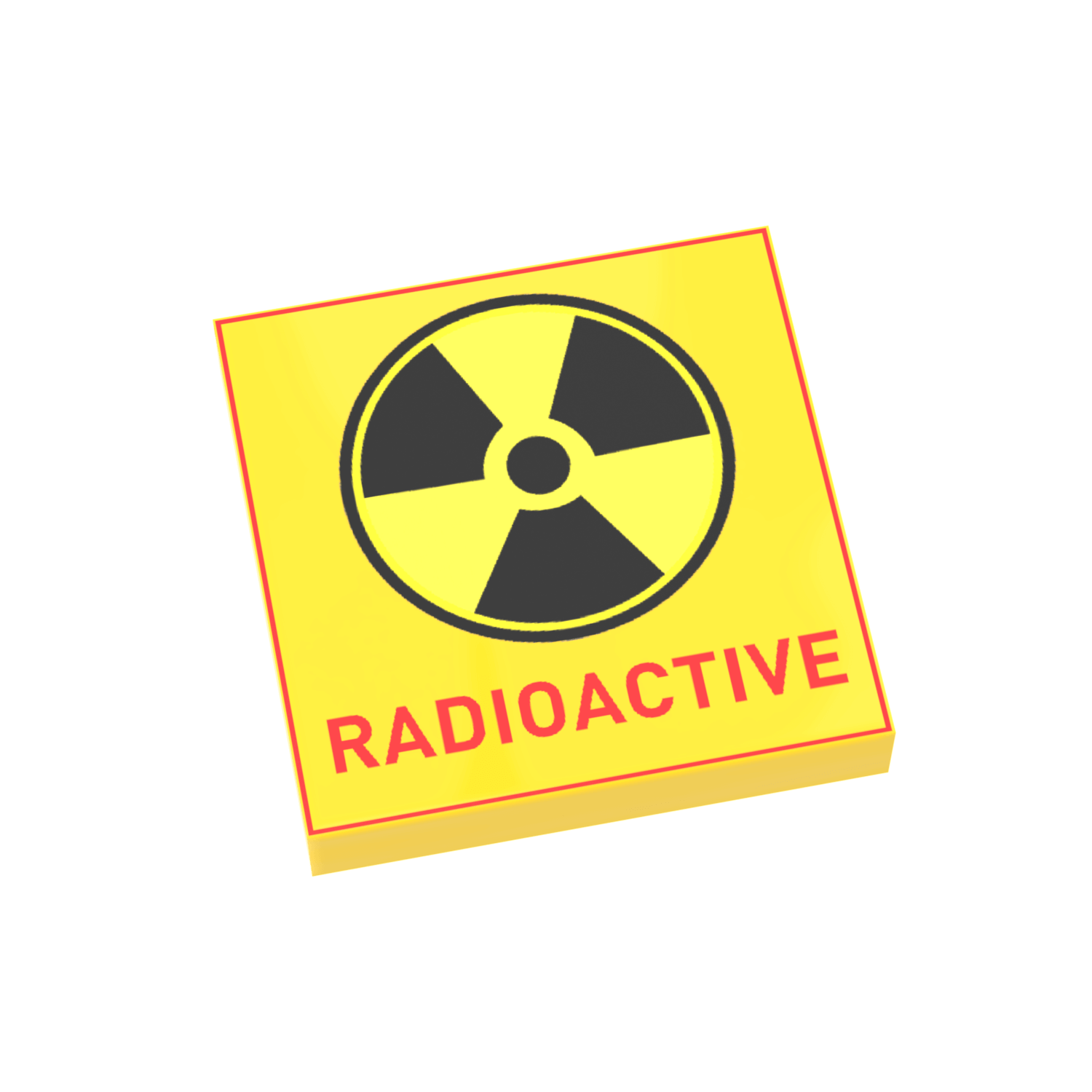 A custom printed yellow 2x2 Lego tile with a radioactive warning symbol and the text 'RADIOACTIVE' on it.
