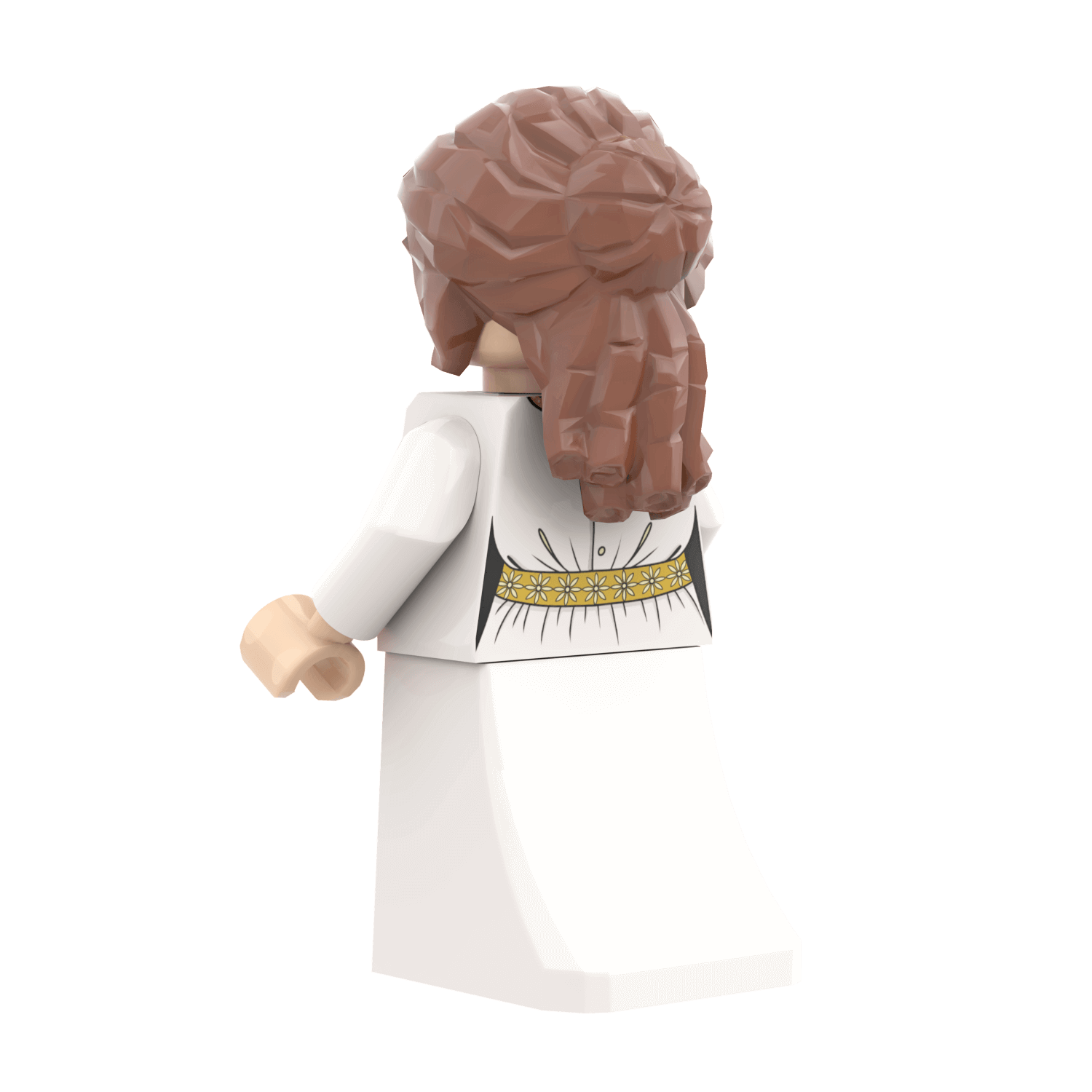 Rear View of Custom Minifig of Elizabeth Bennet with long brown hair and a white outfit on a black background