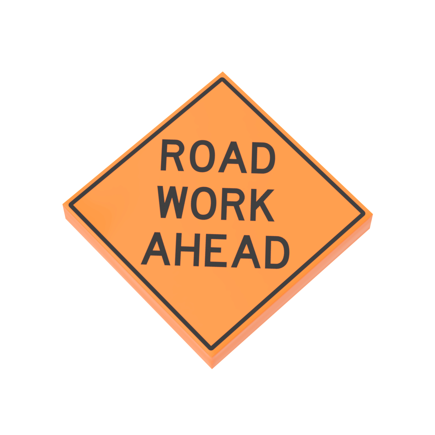 An orange diamond-shaped construction sign with black text saying 'ROAD WORK AHEAD'.