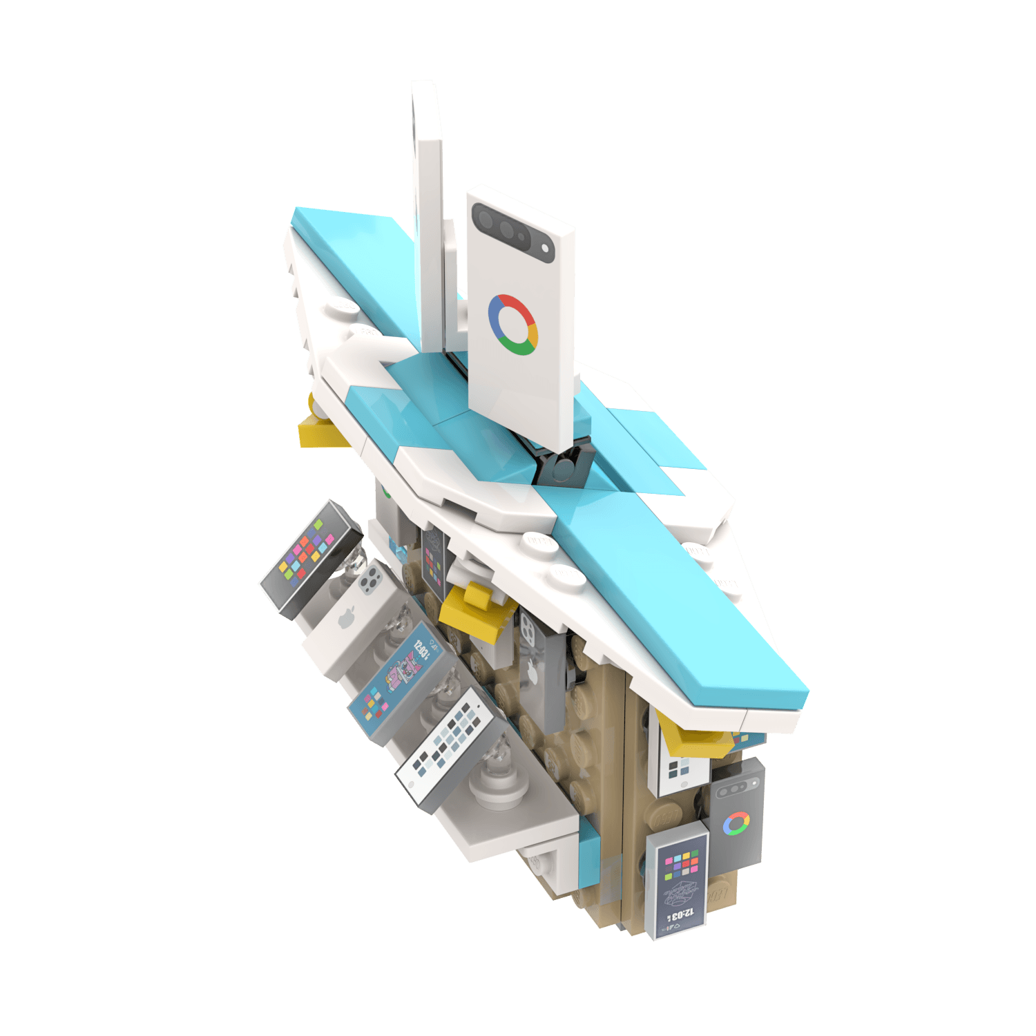Building st of a cell phone mall booth set with colorful smartphones and blue and white roof on a white background