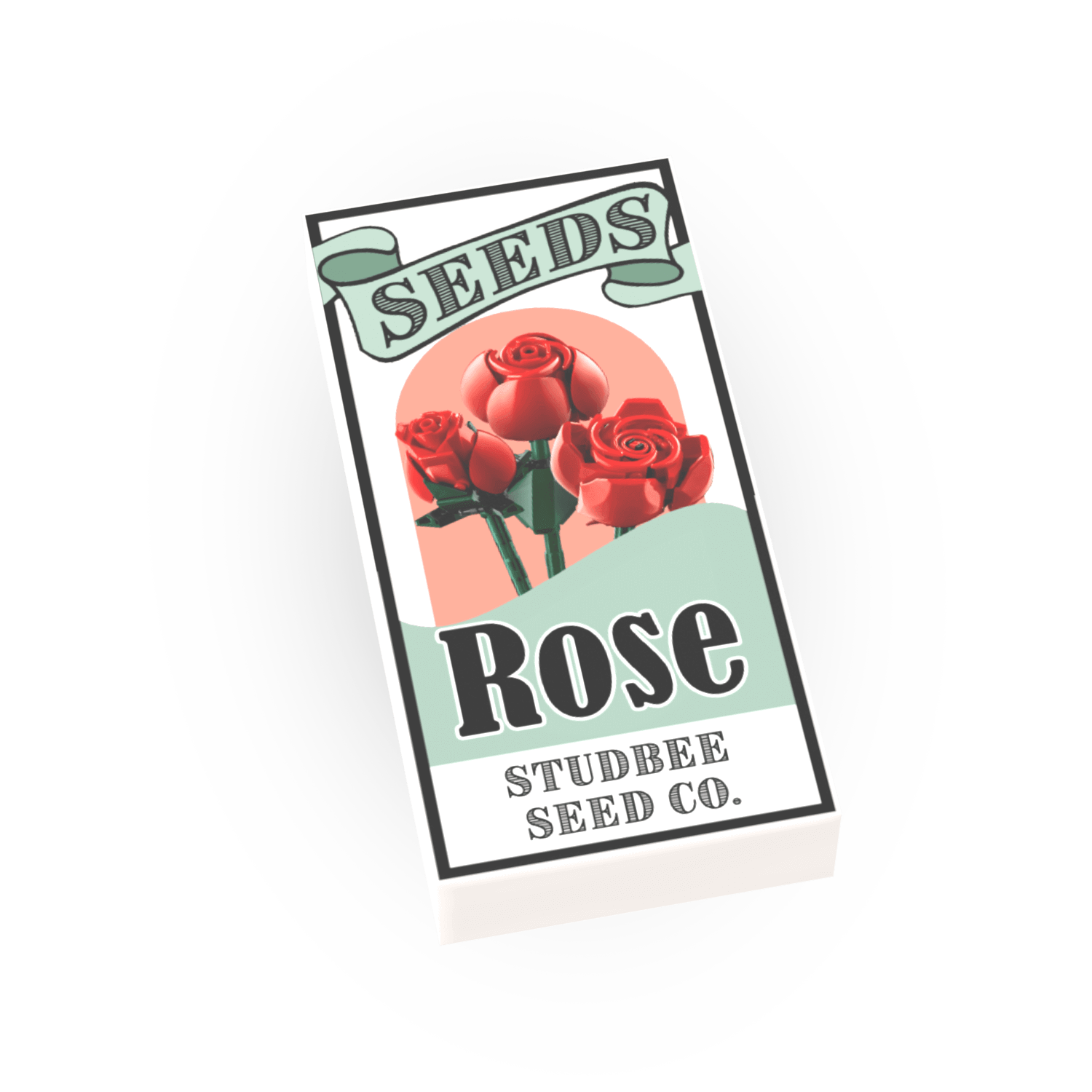 A custom printed LEGO minifig scale tile with a rose seed packet design, featuring an image of roses and the text 'SEEDS Rose STUBBE SEED CO.'.