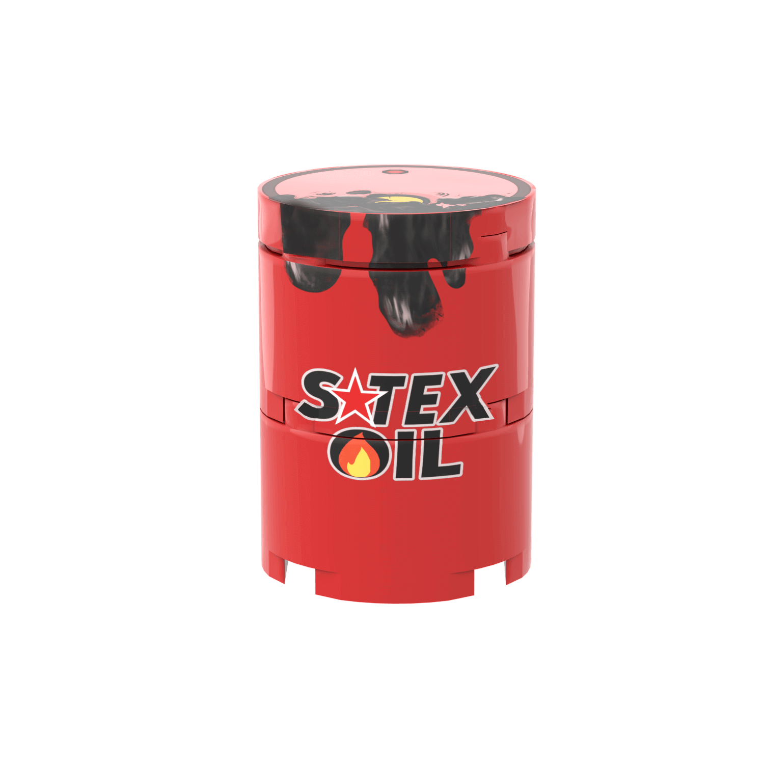 Red S-Tex Oil lego container with black oil spill design on a white background