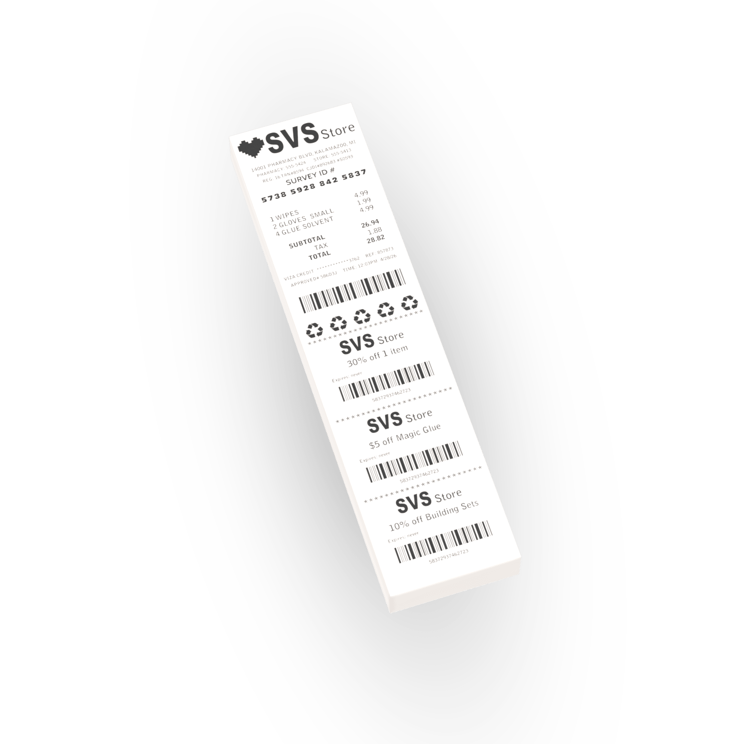 SVS store long receipt printed on a white LEGO tile on a white background.