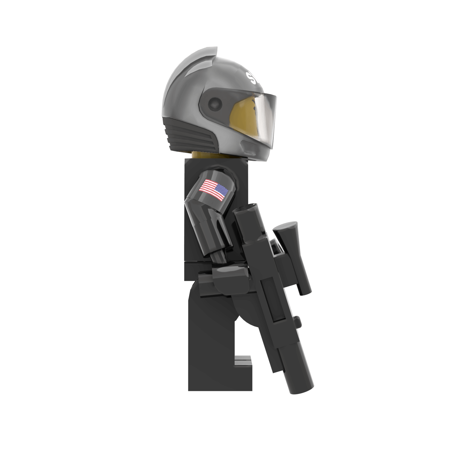 SWAT minifig with helmet and weapon on a white background