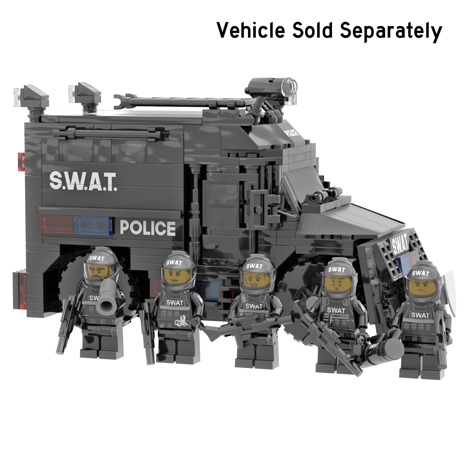 SWAT team with SWAT Building Set vehicle on a white background