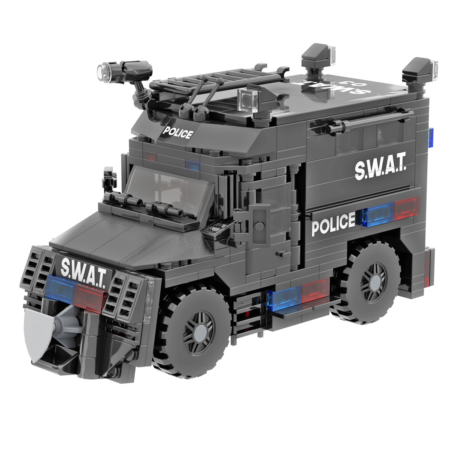 Model of a SWAT police vehicle made from LEGO bricks on a white background