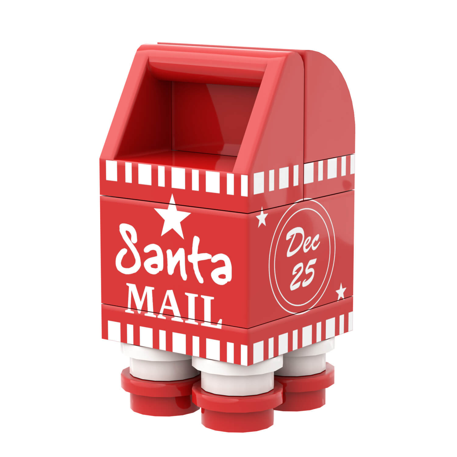 A custom printed Lego set designed to resemble a red Santa's mailbox with 'Santa Mail' text and a star pattern on the top.