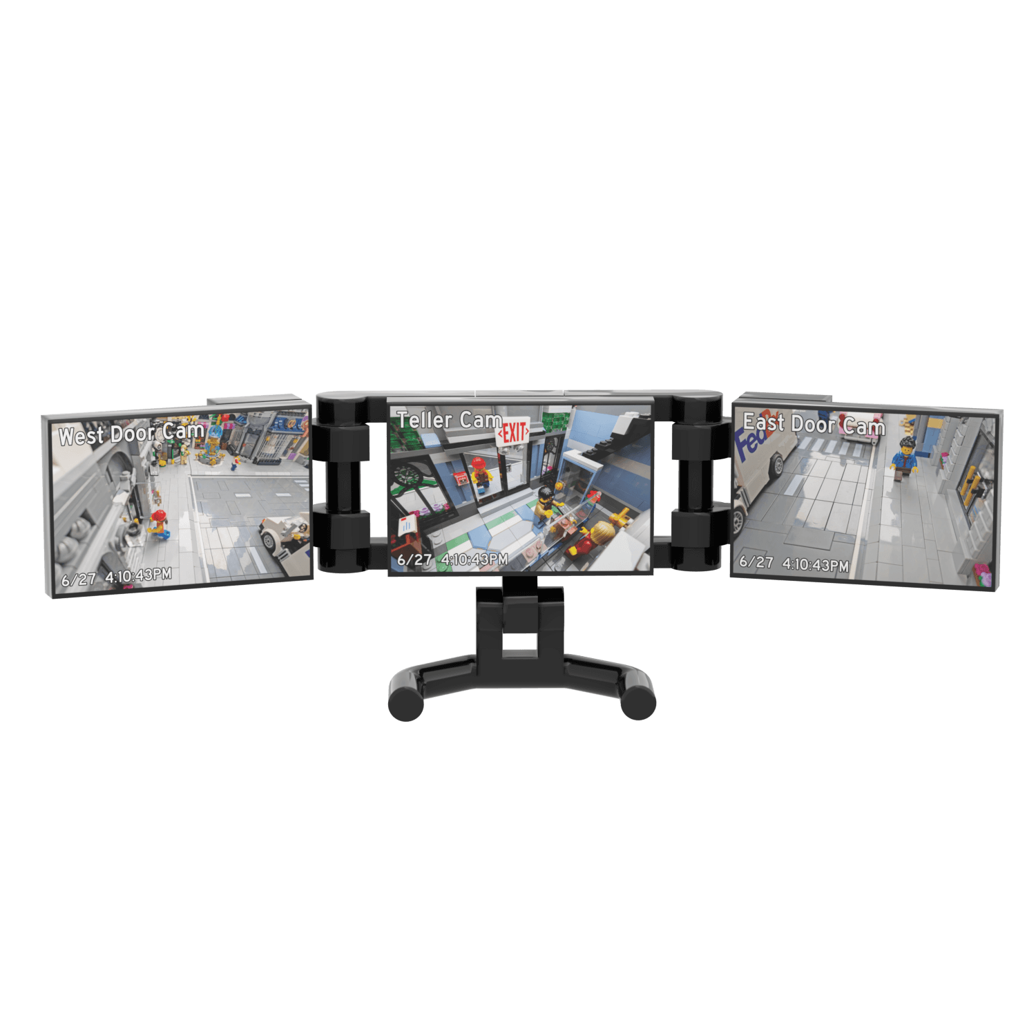 Multi-screen security setup with three monitors displaying different  scenes on a black background.
