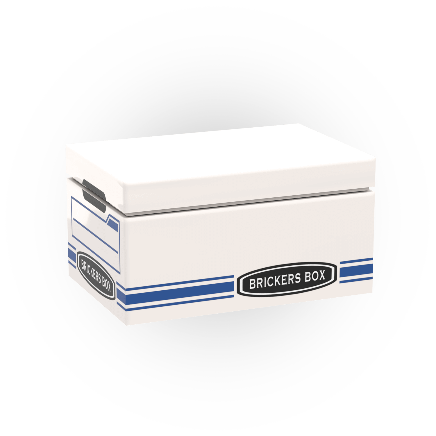 White vile storage box with blue stripes and 'Bricker's Box' branding on a white background
