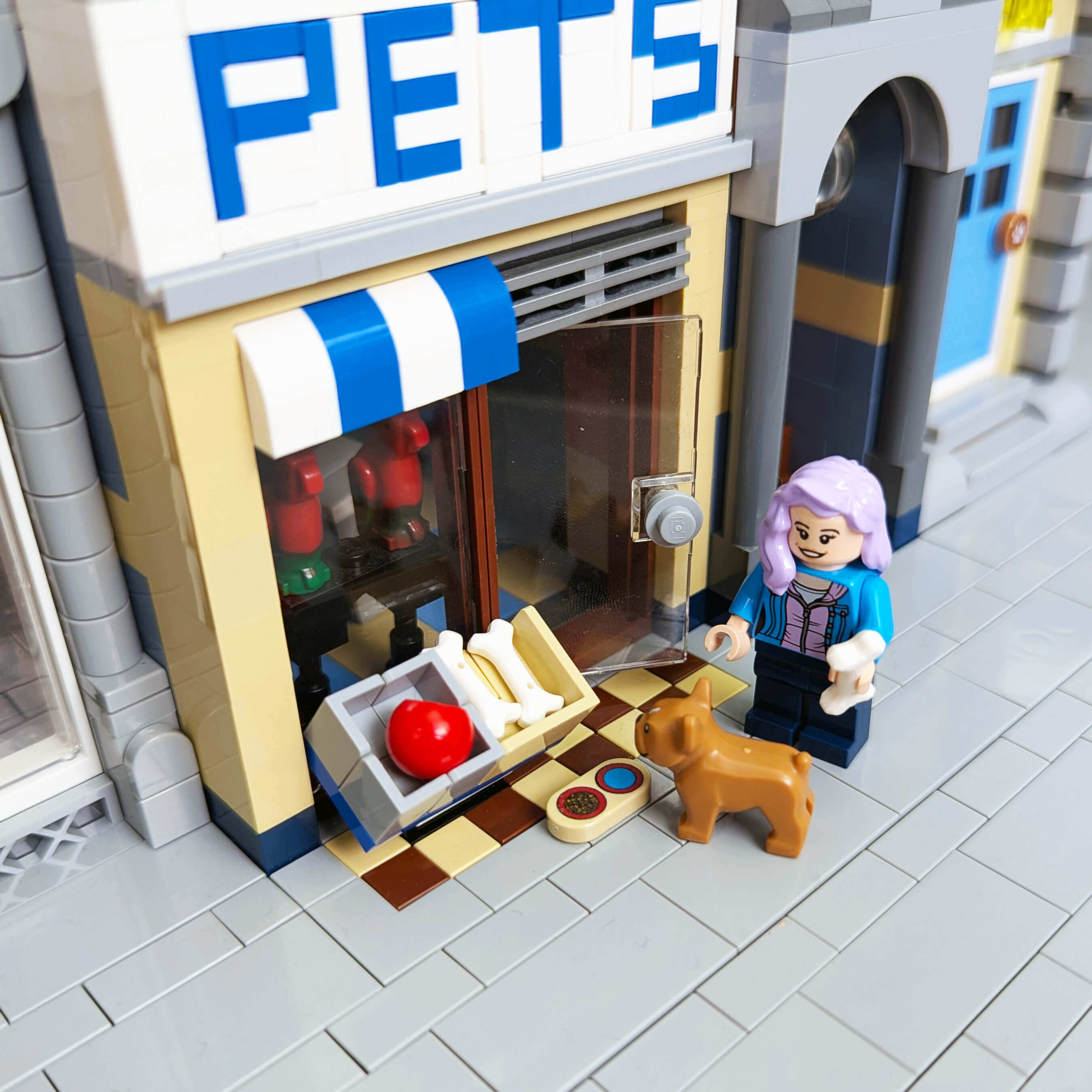 LEGO pet store with a character holding a dog and a ball inside.