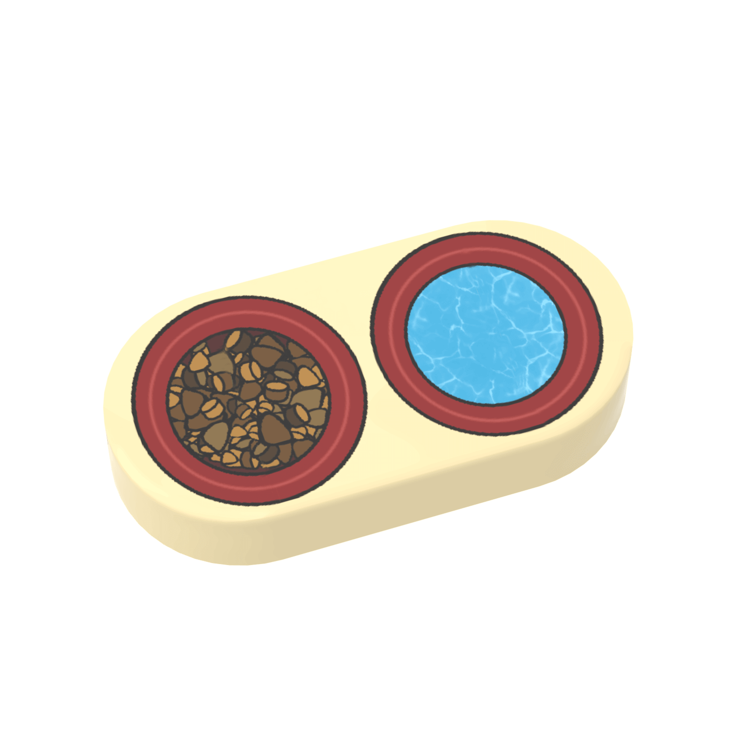 Two-tone pet food dish with one compartment filled with kibble and the other with water on a black background.