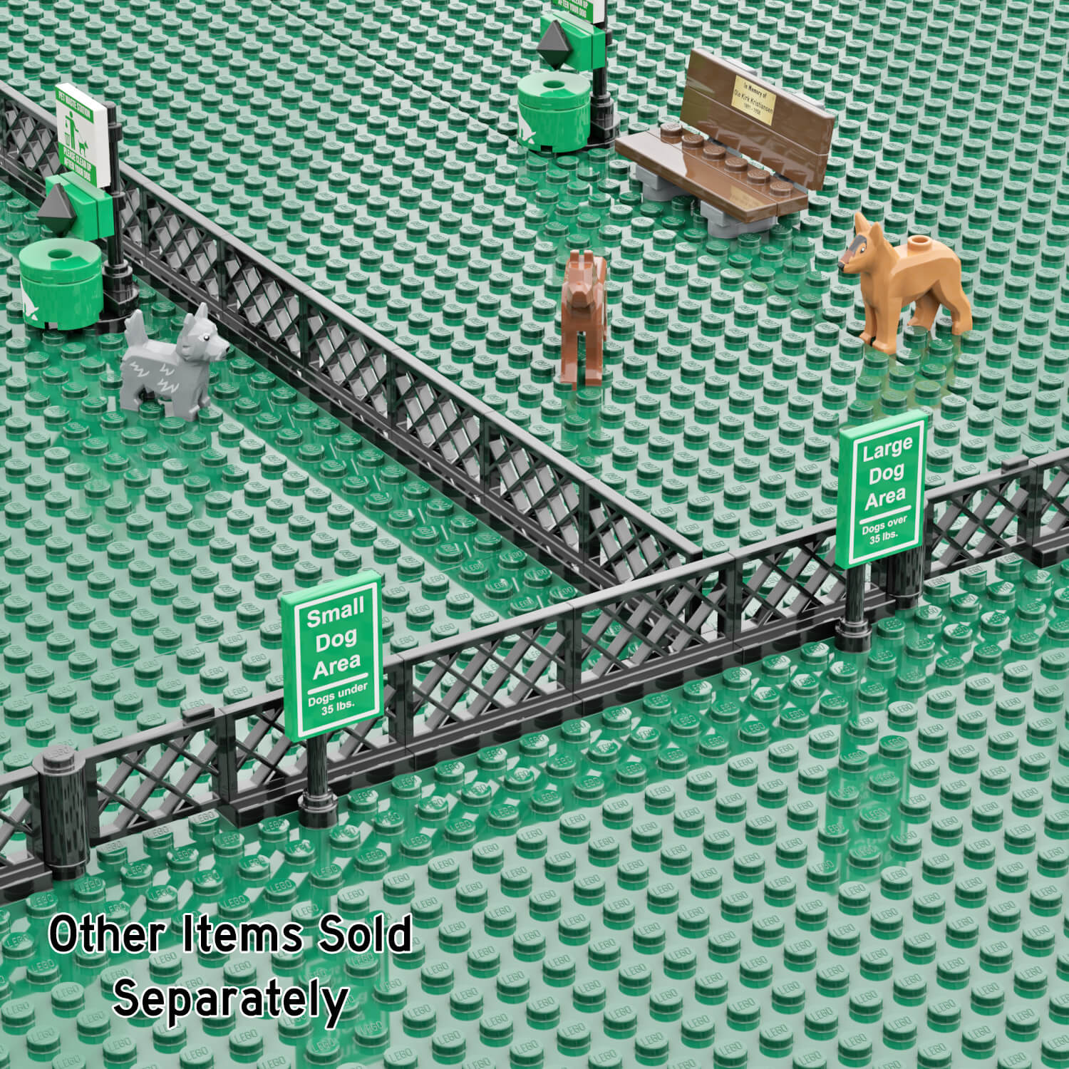 LEGO small and large dog park signs  with green baseplates, and LEGO dogs, and benches in the background
