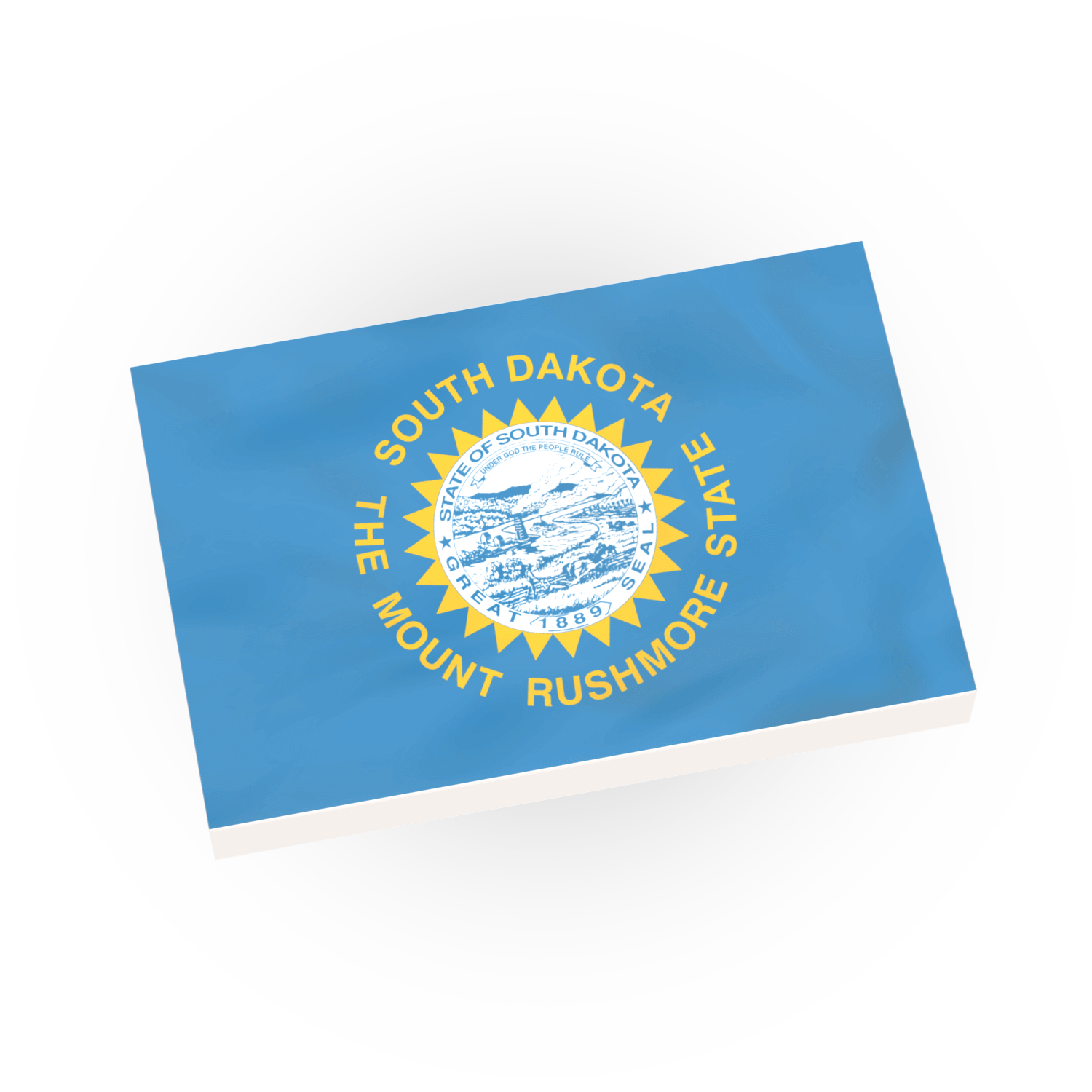 Custom printed South Dakota state flag on a white 2x3 Lego tile.