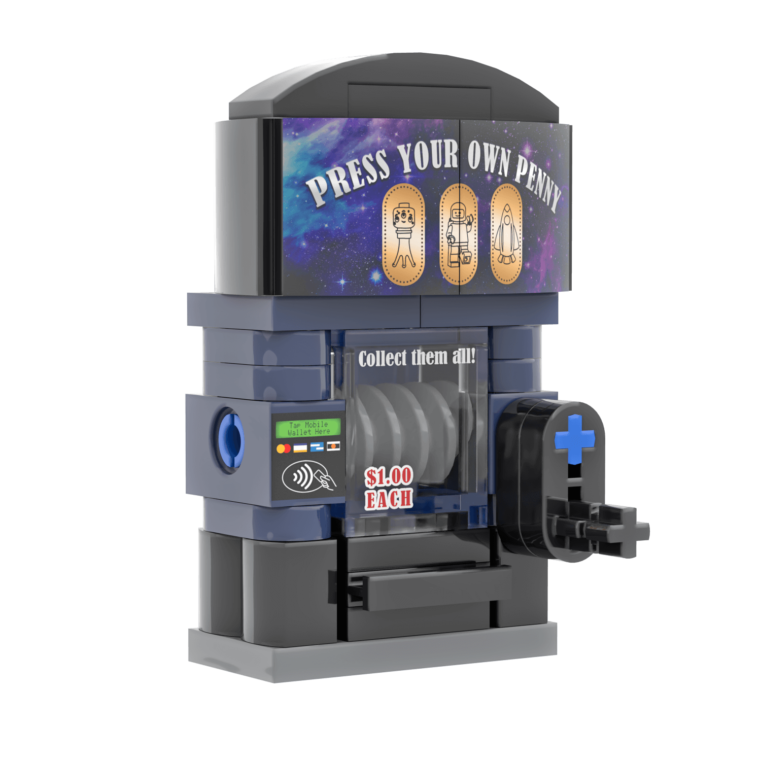 Space Penny press machine with digital display and coin slot on a white background