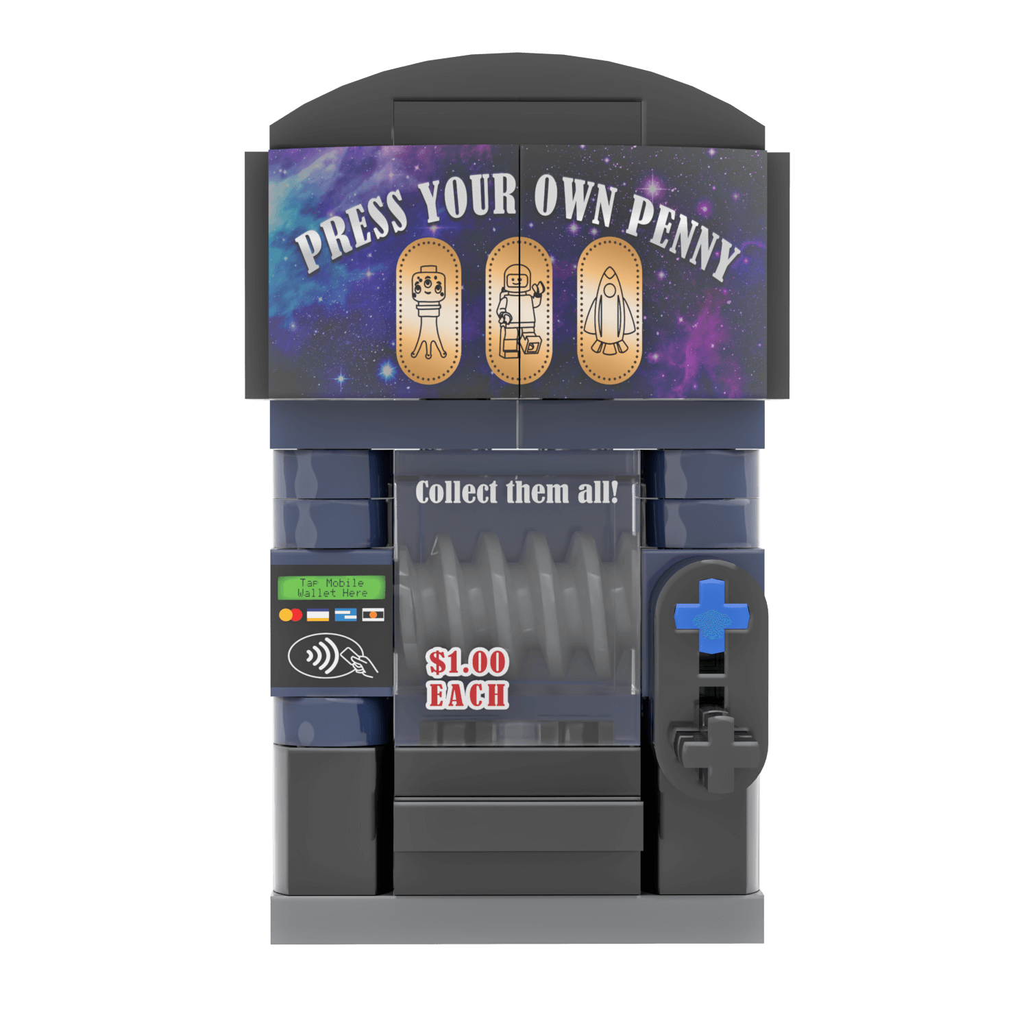 Minifig Scale Custom Lego Space Themed Penny Press machine with promotional text and graphics on a white background