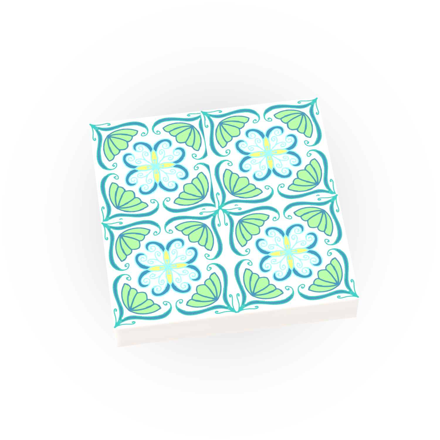 A 2x2 Lego tile with a green floral Spanish-style pattern printed on it.