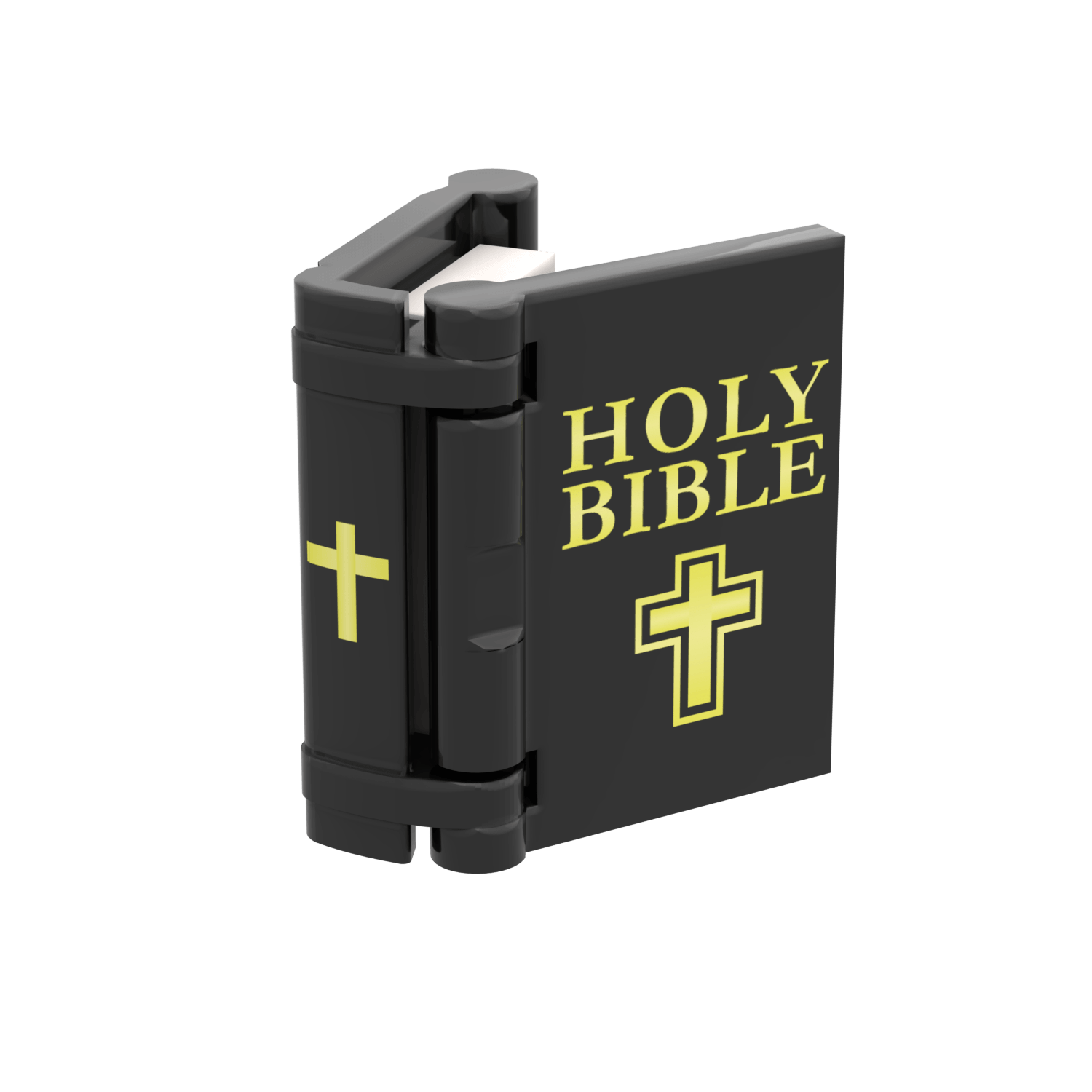 Spine view showing the Cross and Holy Bible cover custom printed on a black LEGO book, on a white background