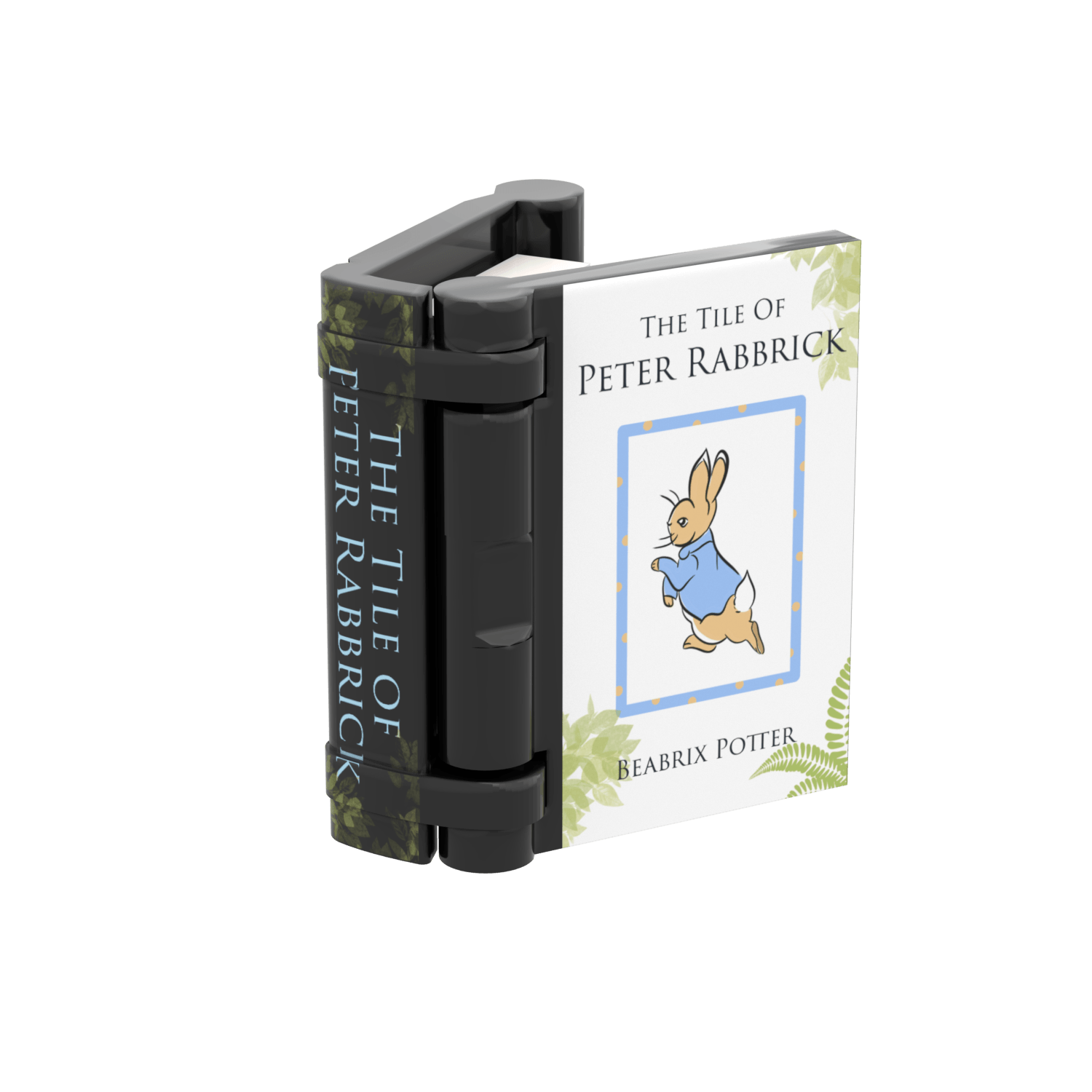 Spine book view of The Tile of Peter Rabbrick" book custom printed on LEGO on a  white background.