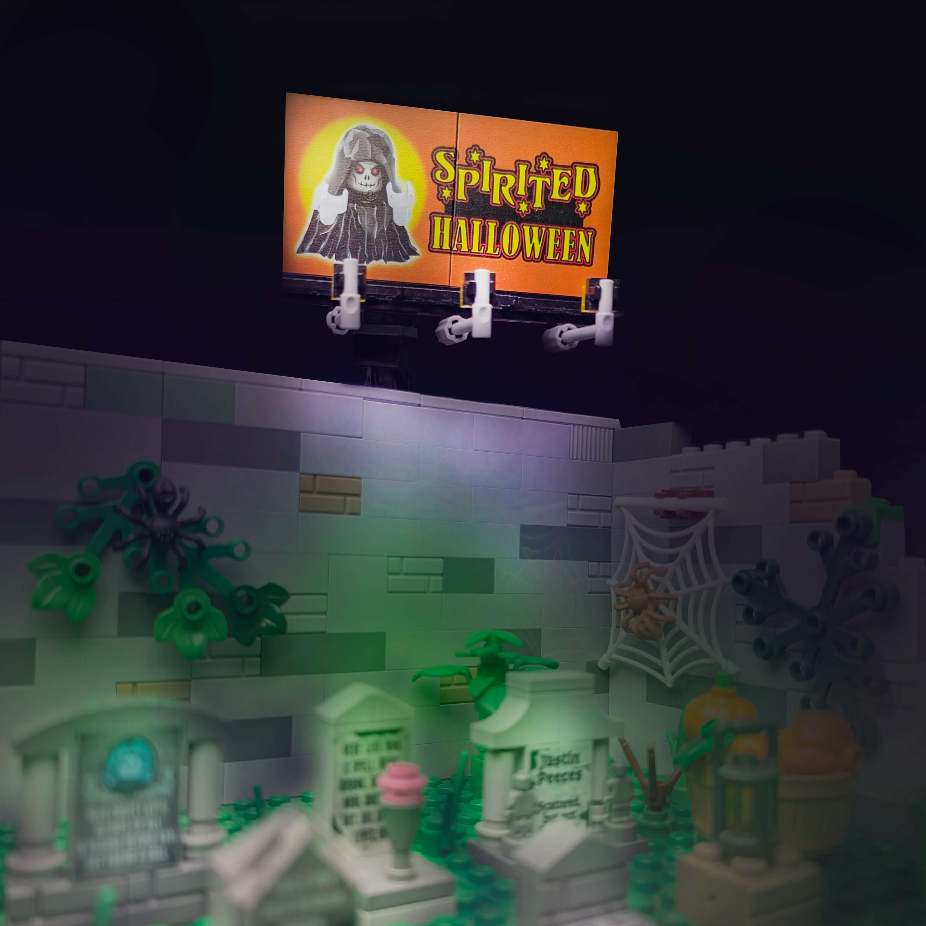 LEGO Billboard displaying 'Spirited Halloween' and various spooky decorations.