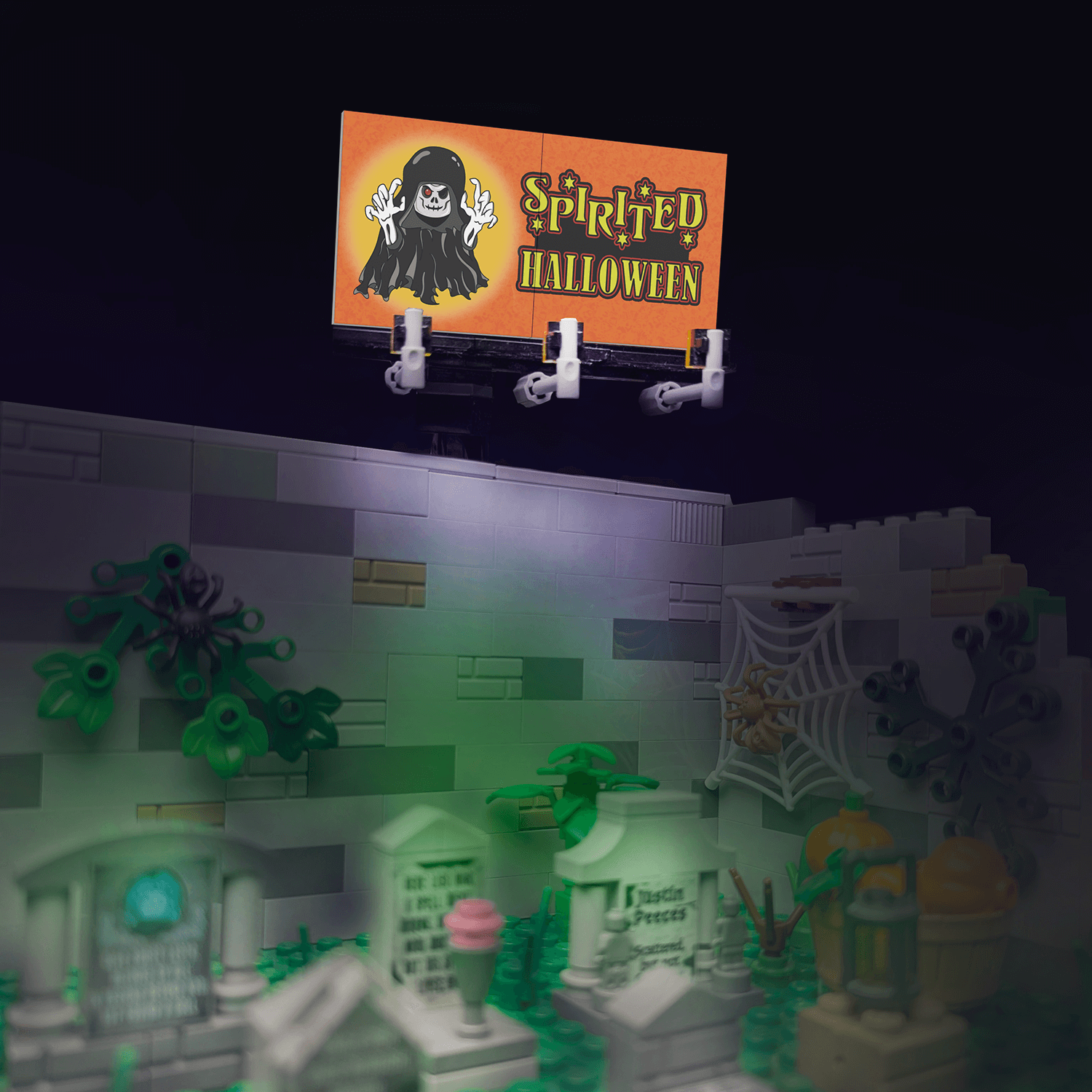 Halloween-themed billbaord in a lego graveyard setting with a sign reading 'Spirited Halloween' on a dark background.