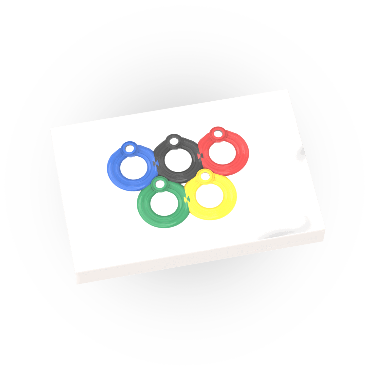 A custom printed LEGO tile with the Olympic rings design.