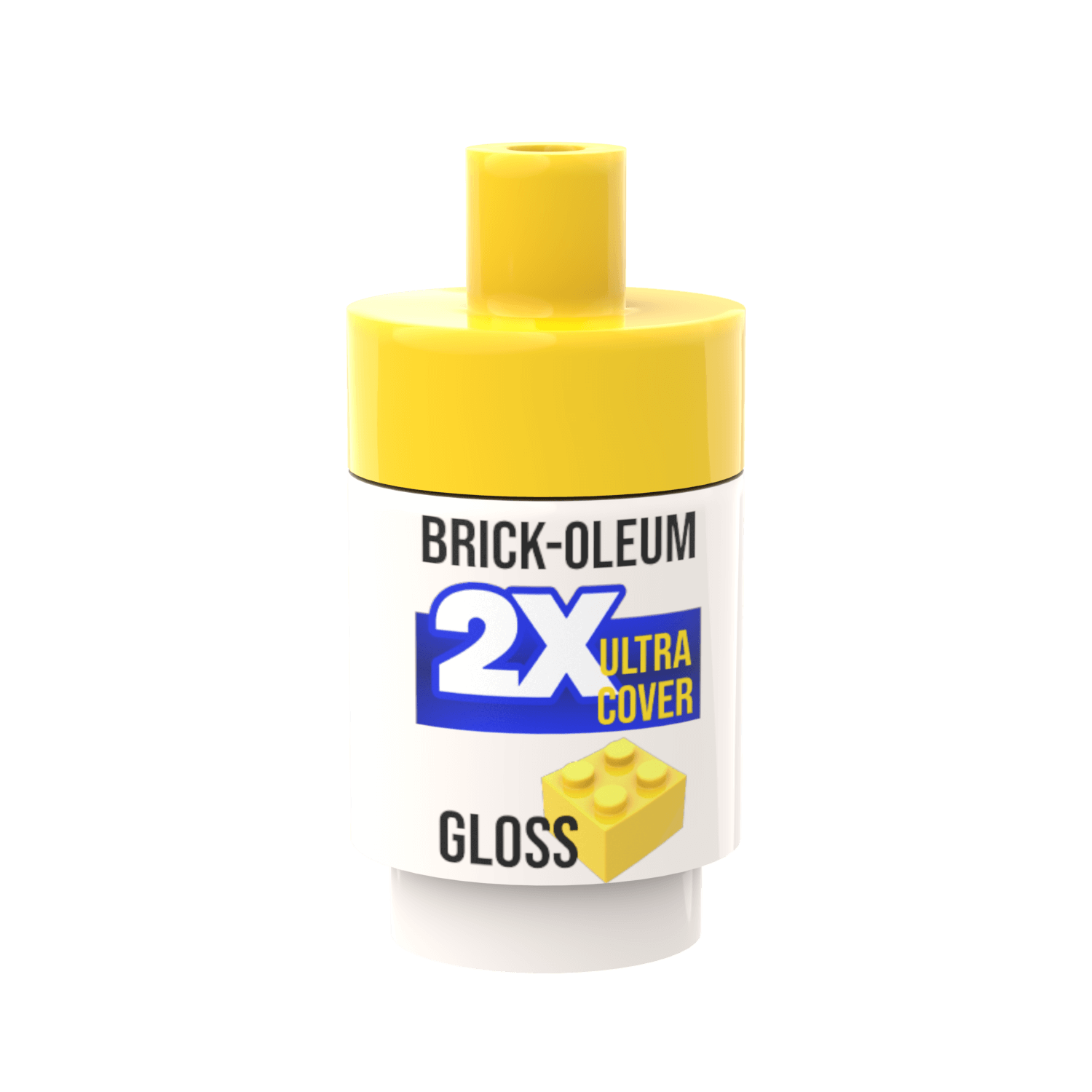 Brick-Oleum 2X Ultra Cover paint canister with yellow cap and white body on a black background