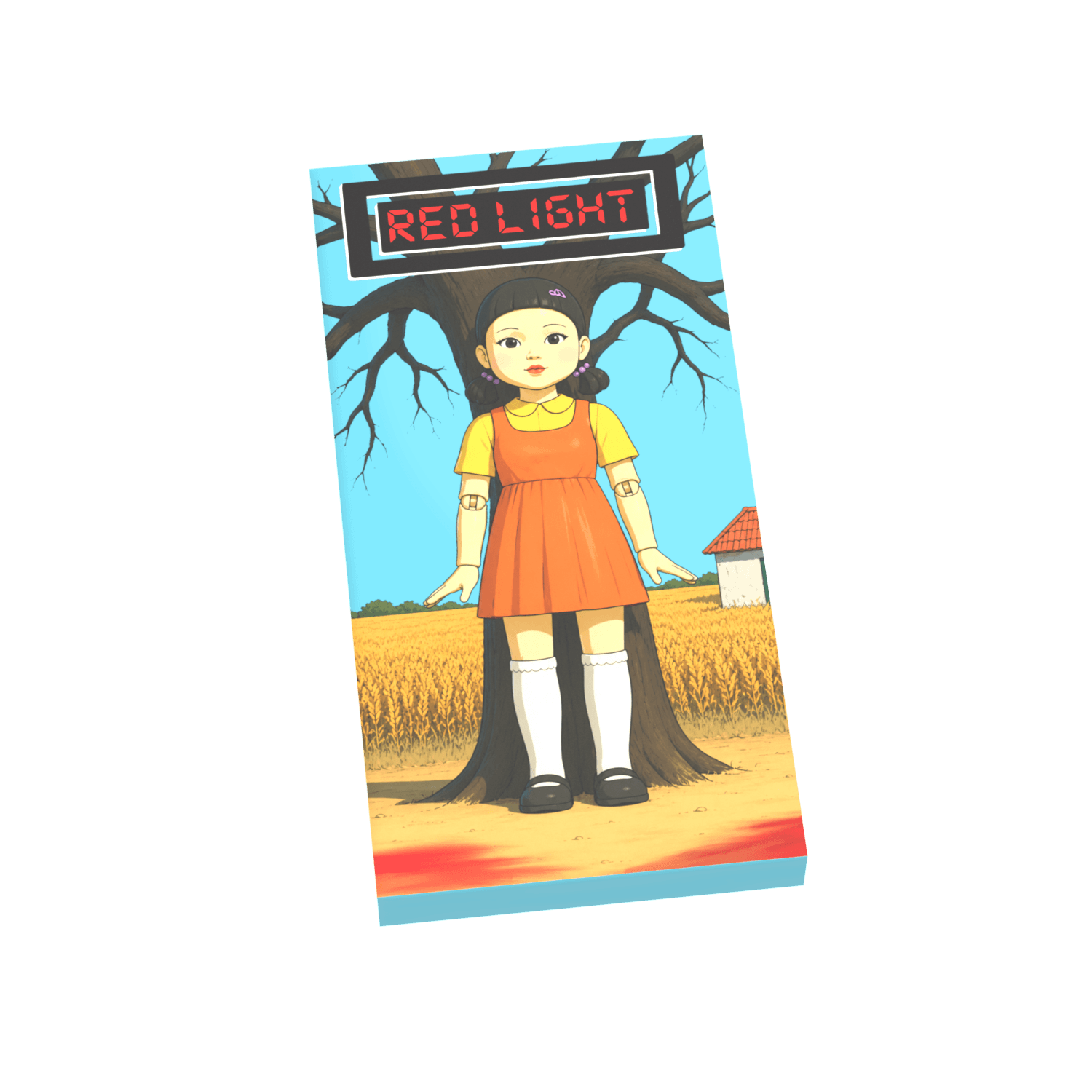 Poster with class Squid Game Doll figure in an orange dress standing under a tree with a 'Red Light' sign, on a white background.