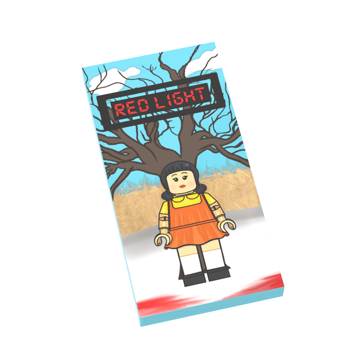 Card with a LEGO-style figure in an orange dress standing under a tree with a 'Red Light' sign.
