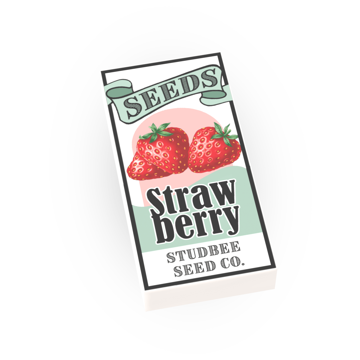 Custom printed minifig scale tile with a strawberry seed packet design, featuring strawberries and the text 'SEEDS Strawberry STUDBEE SEED CO.'.